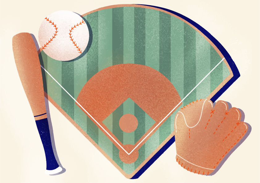 Lapangan bisbol dengan kelelawar, bola, dan sarung tangan