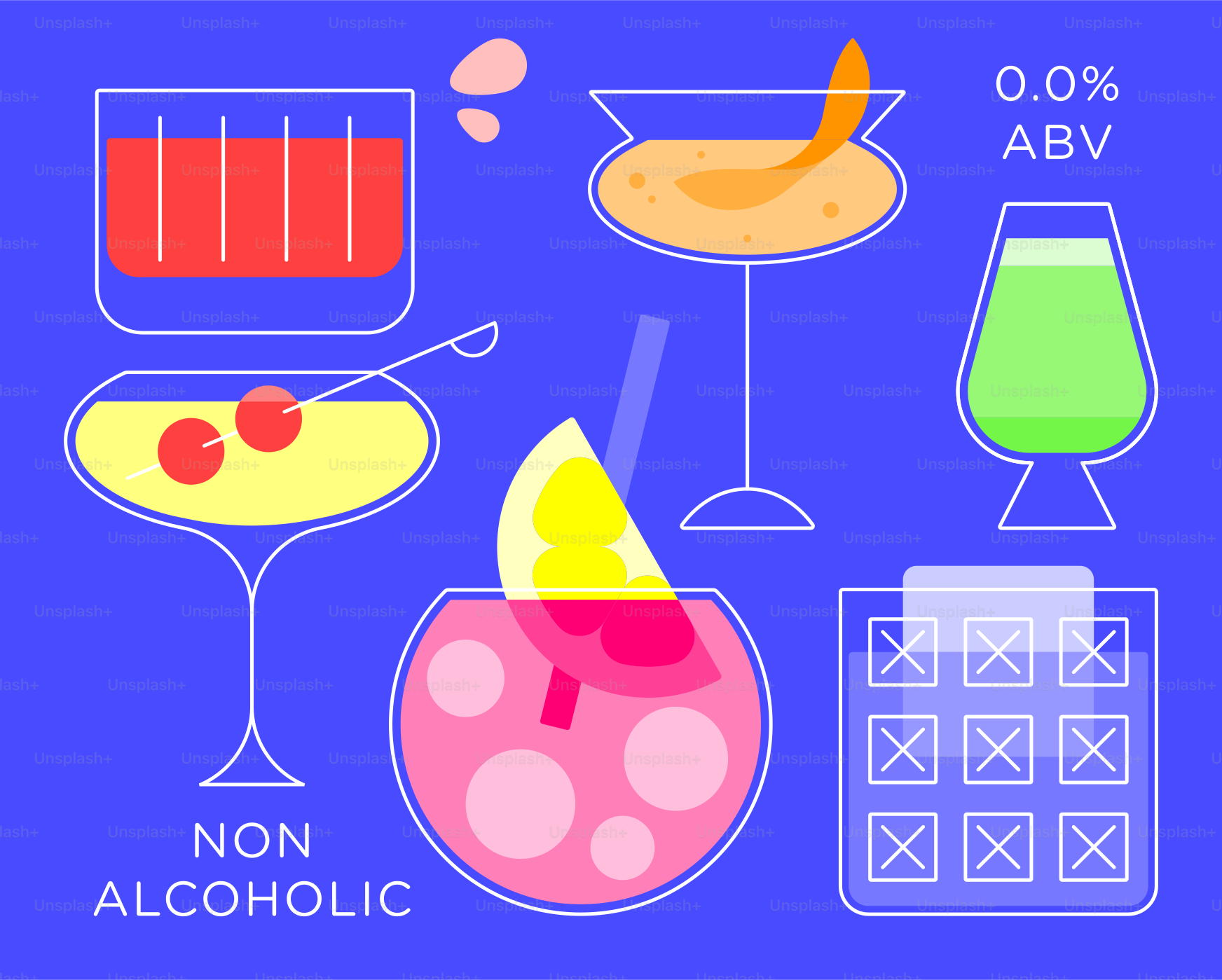 파란색 배경에 다양한 무알코올 음료