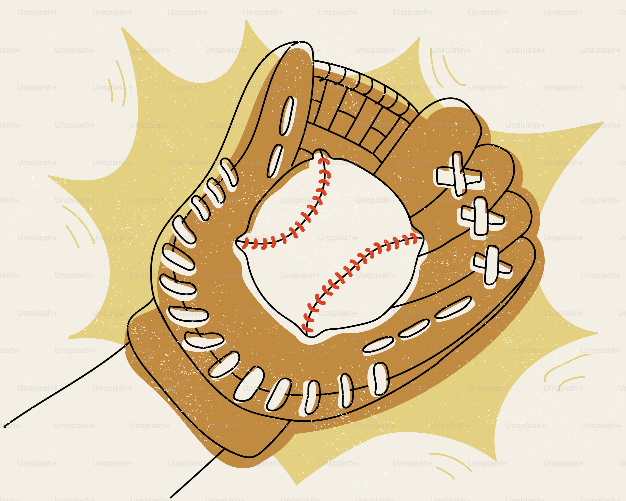 Una pelota de béisbol con guante y un estallido amarillo.