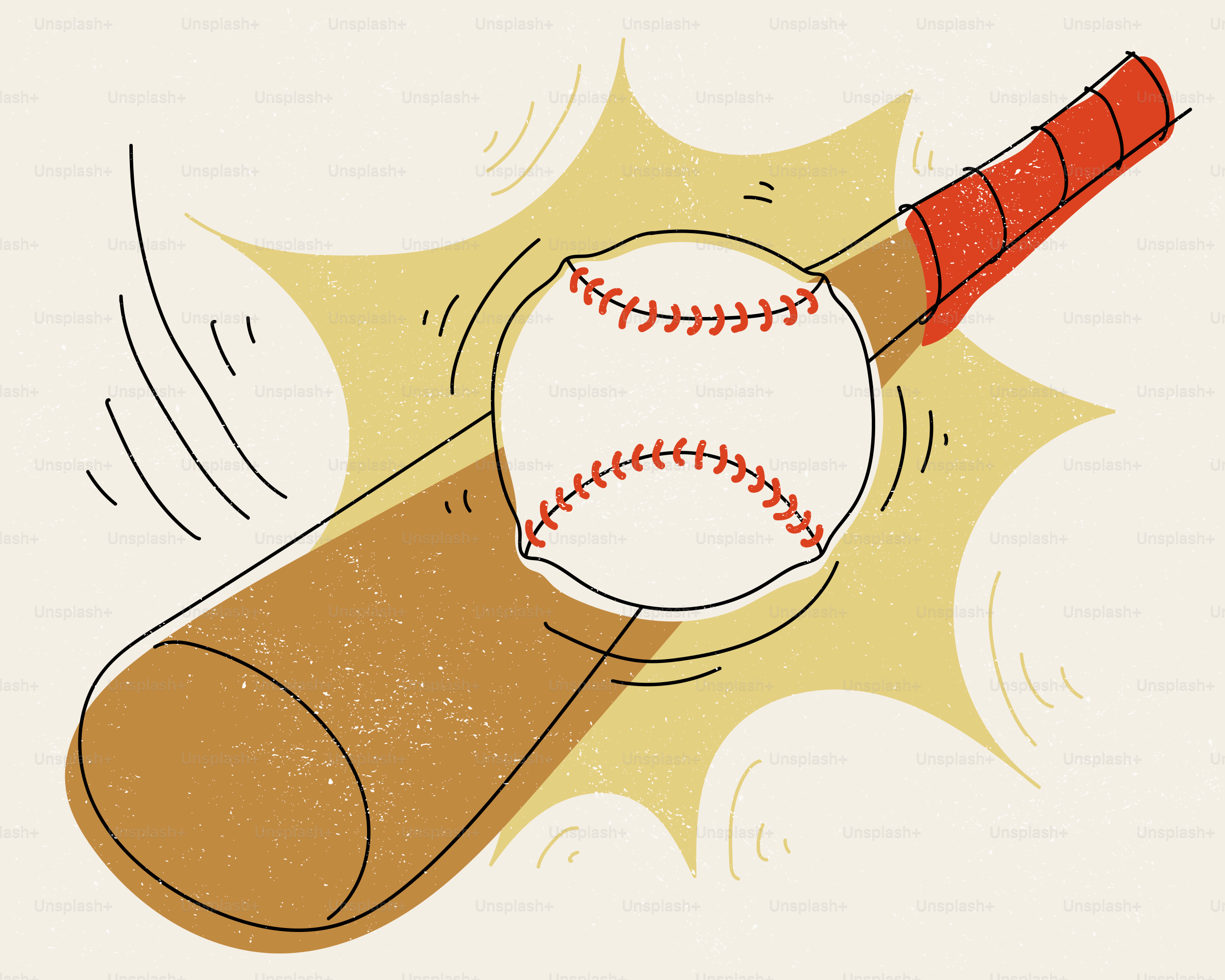 Baseball bat hitting a baseball with motion lines.