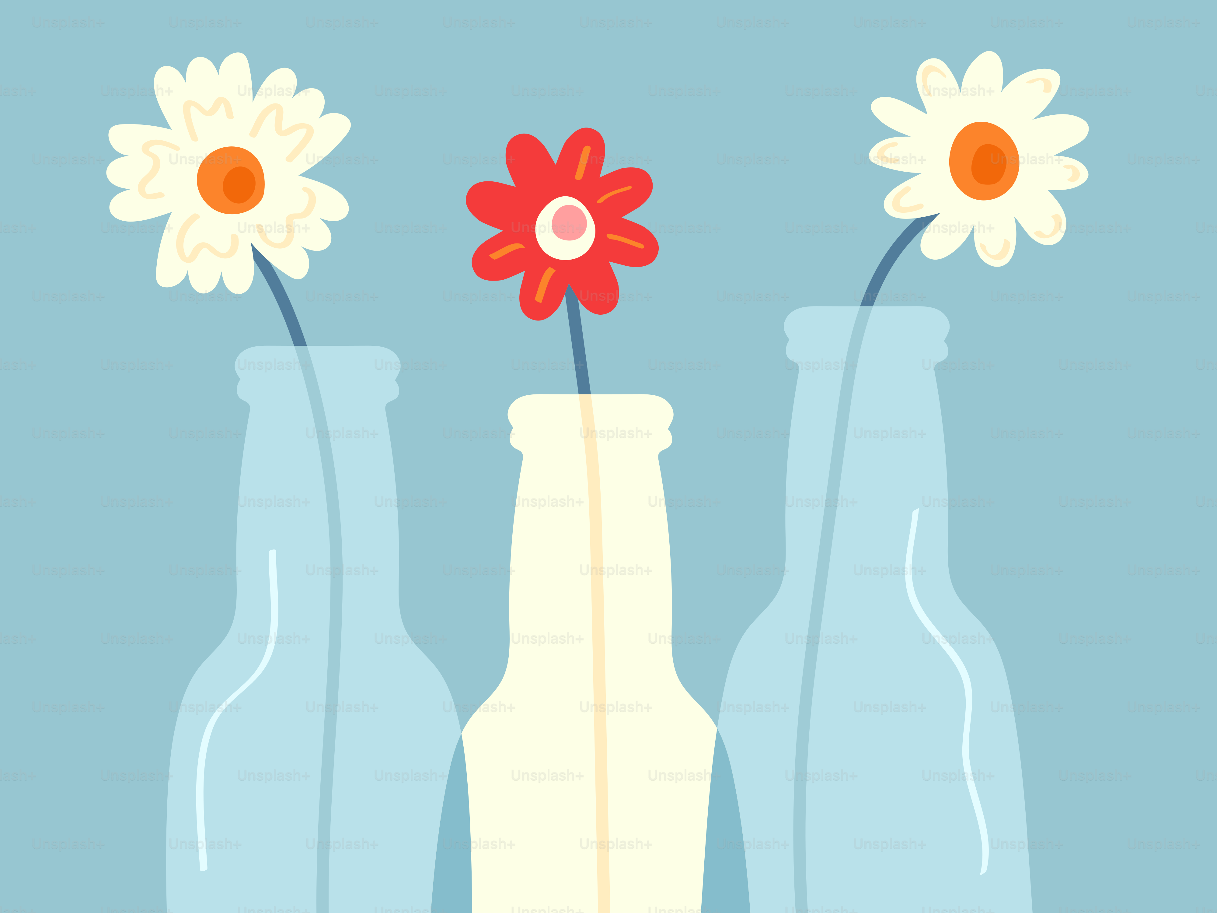 Tres flores en botellas de cristal sobre fondo azul