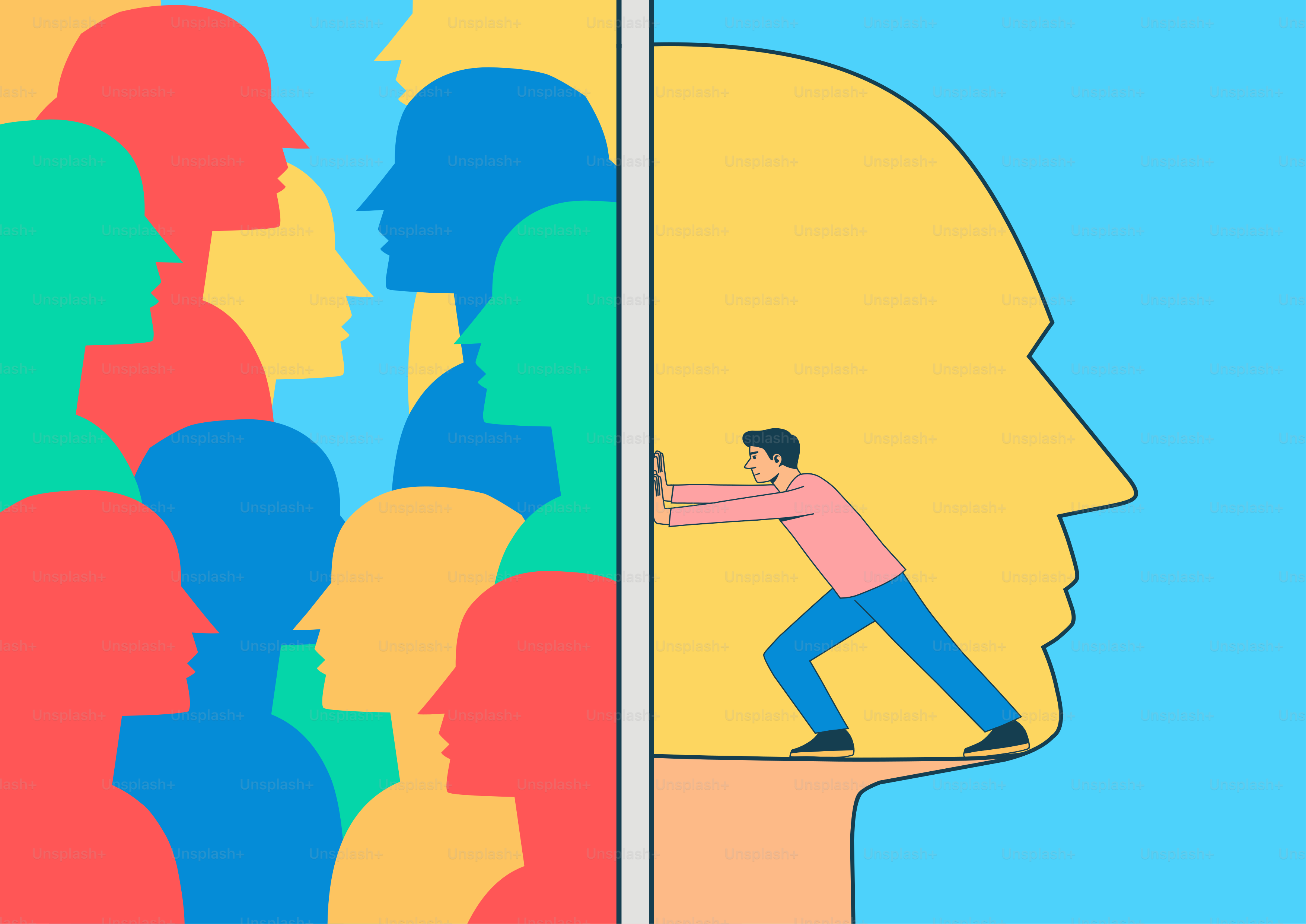 Man pushing against a wall of colorful heads