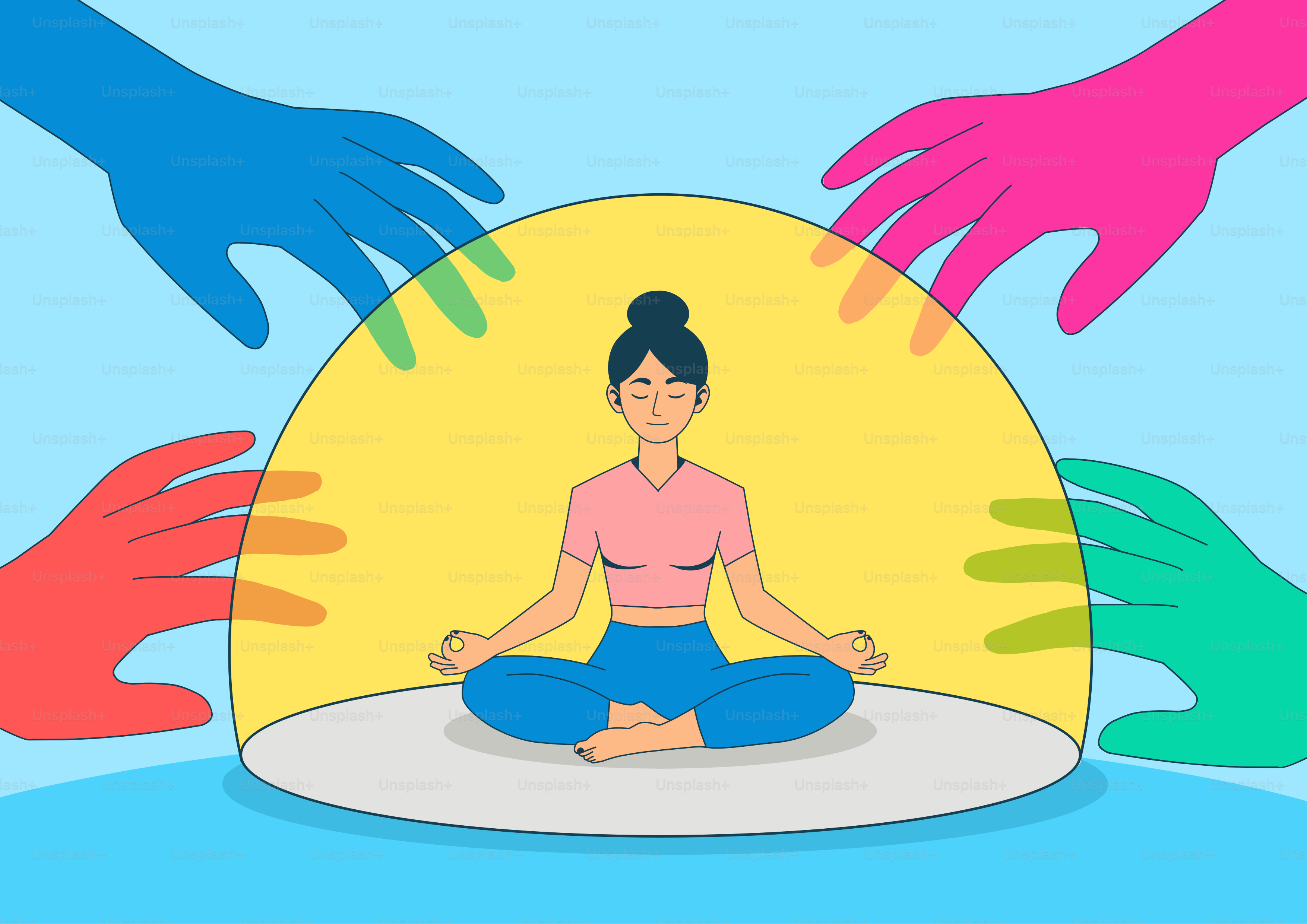 Woman meditating inside a protective bubble surrounded by hands.