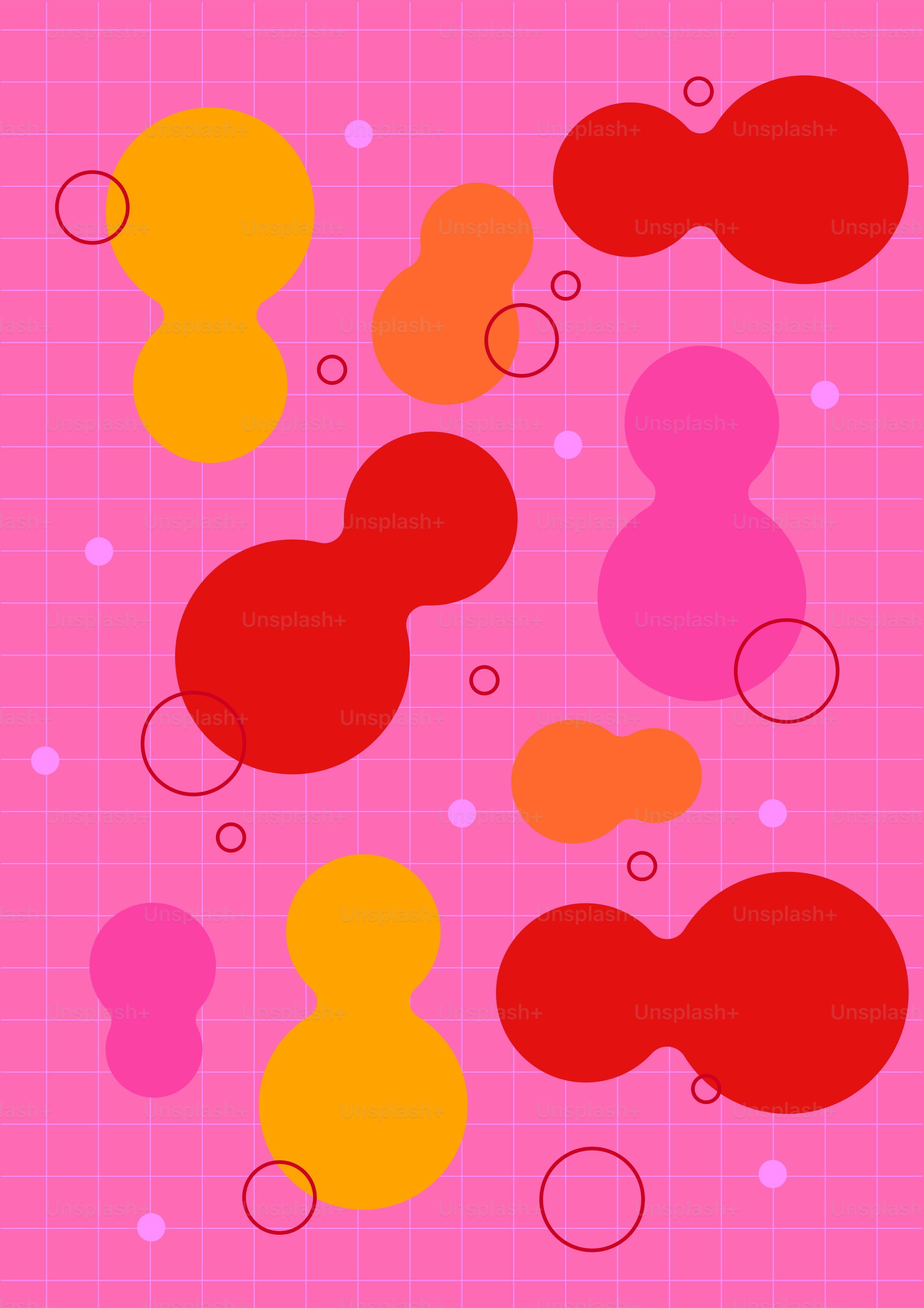 Formas abstractas y círculos sobre un fondo de cuadrícula rosa