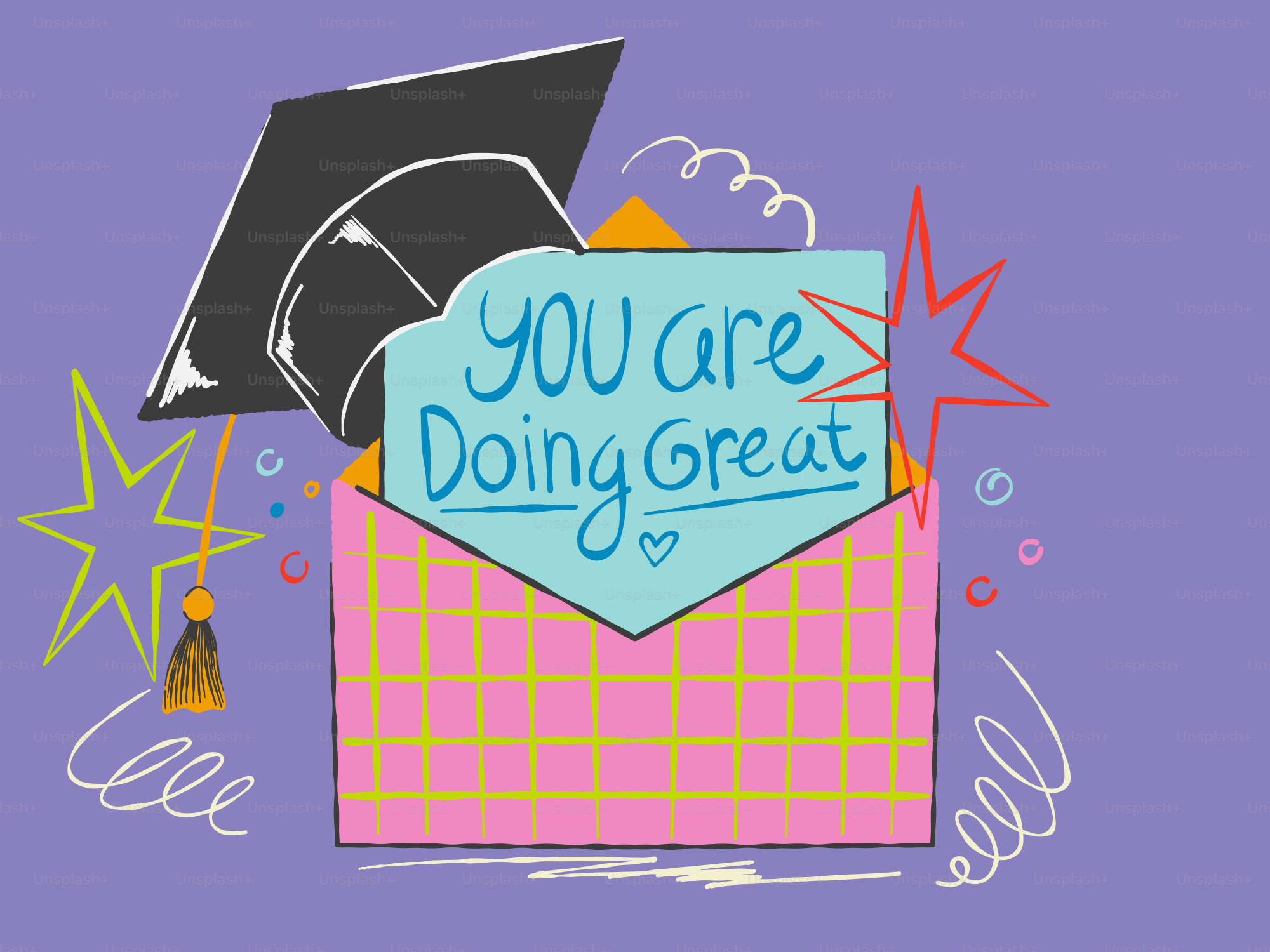 Graduation cap with envelope saying you are doing great