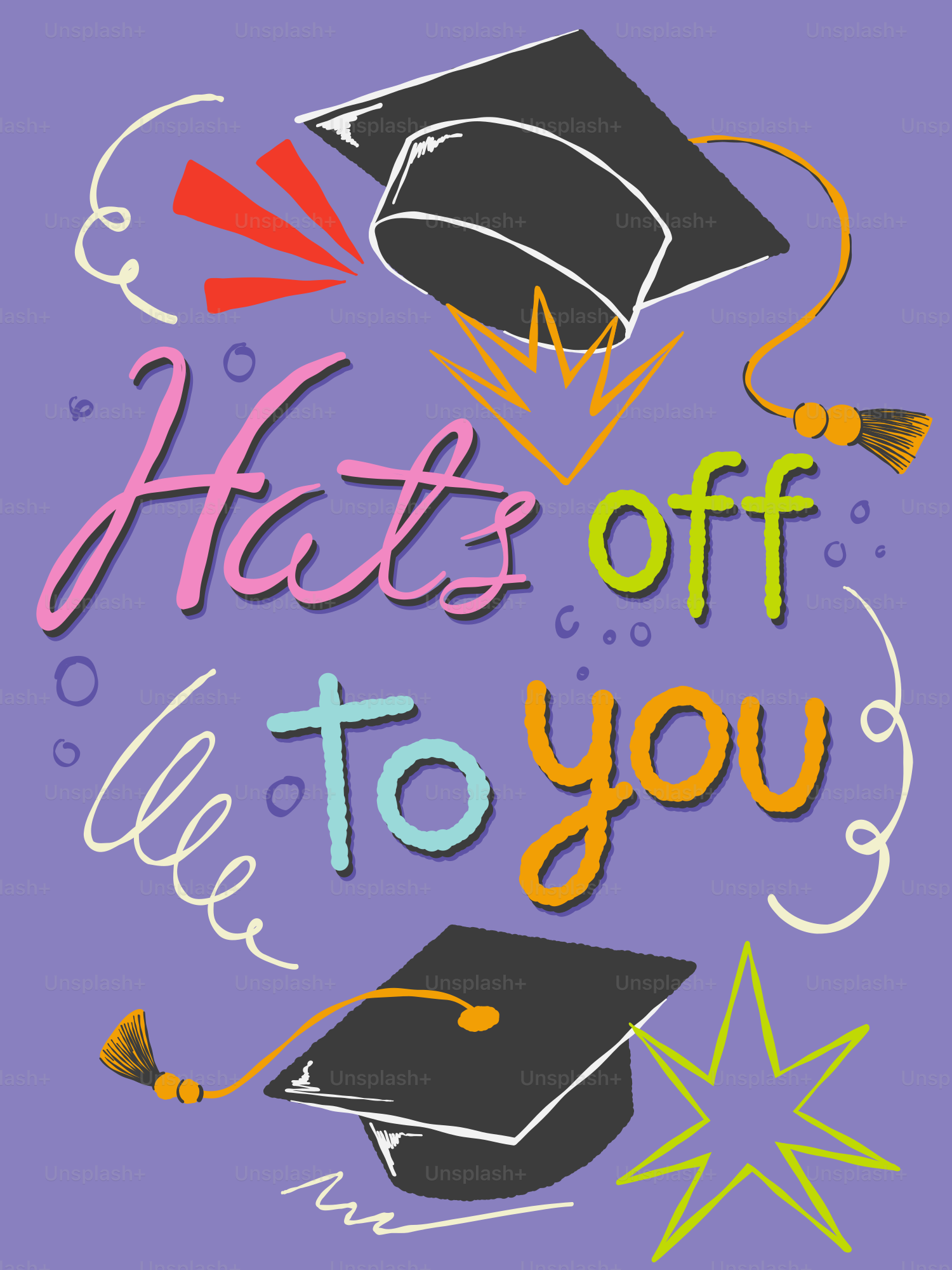 Cappellini di diploma e testo di congratulazioni su sfondo viola