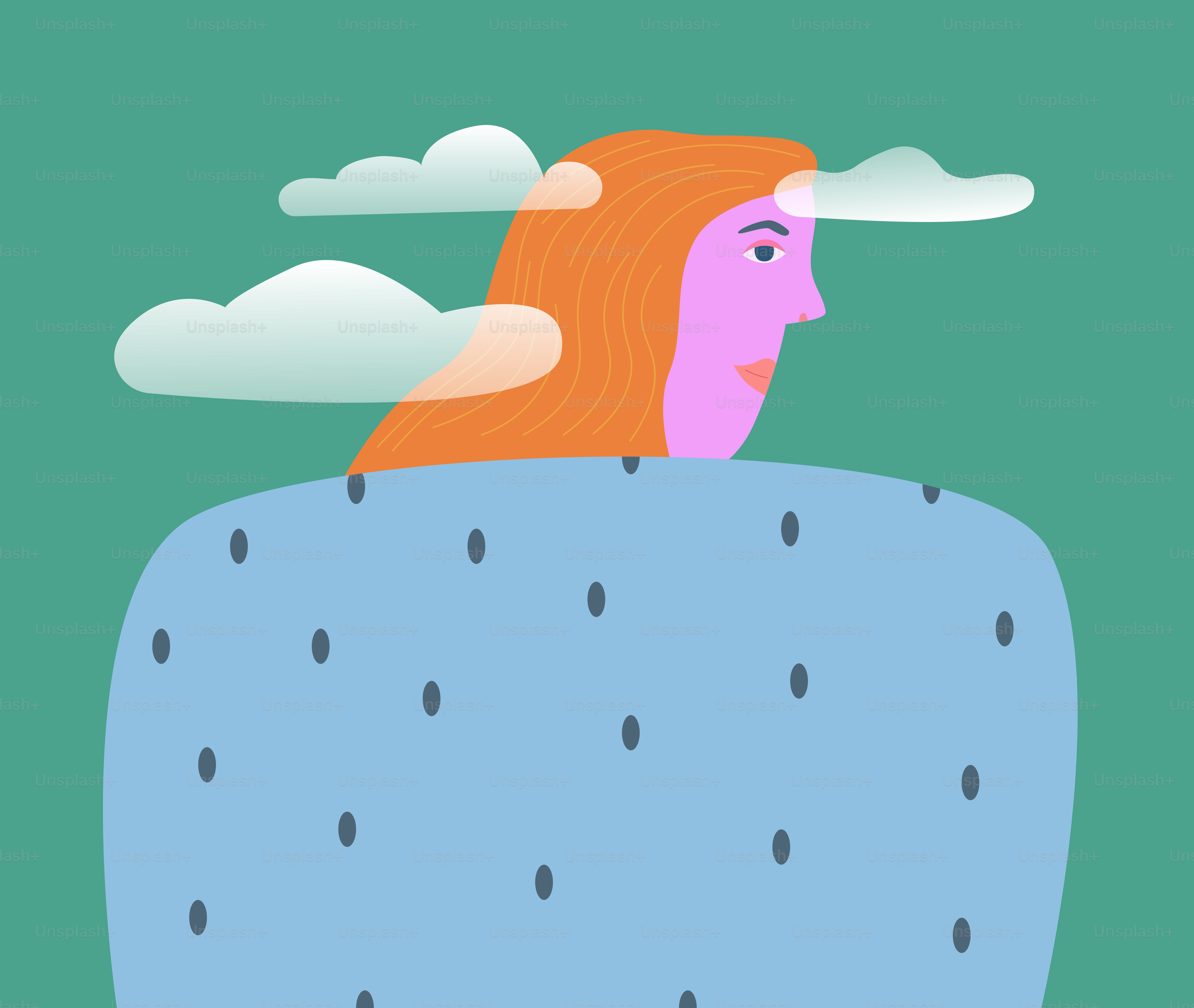 Woman peeking from under a blue blanket with clouds.