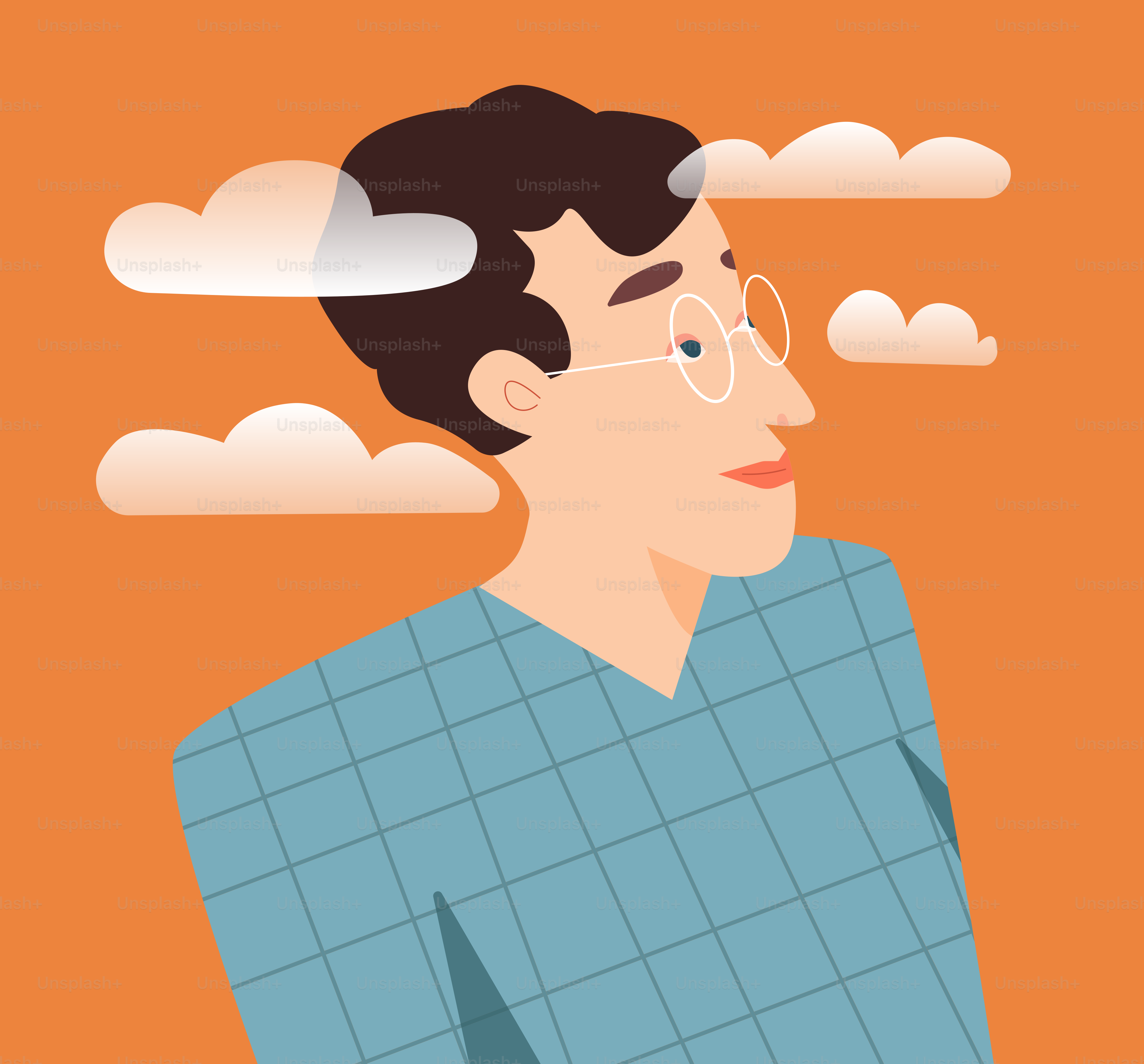 Man with glasses and clouds against orange background