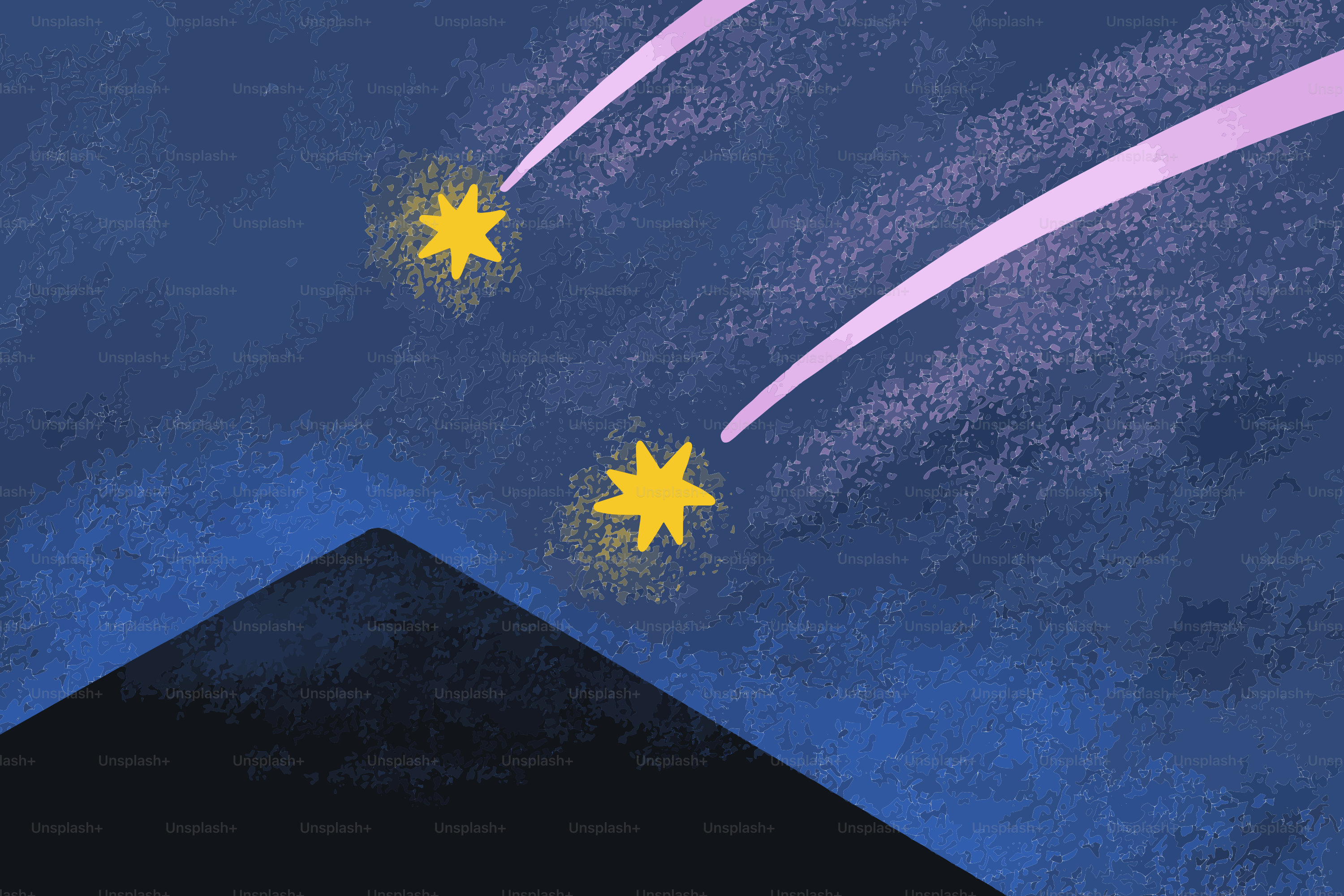 Two shooting stars streak across a dark night sky.