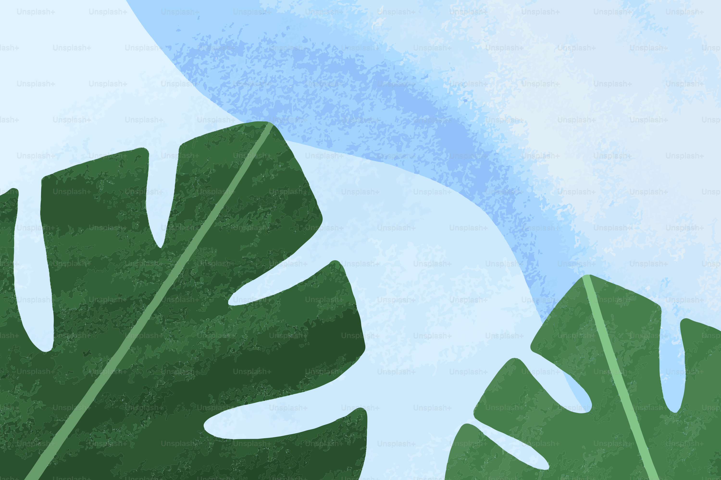 Green monstera leaves against a soft blue background