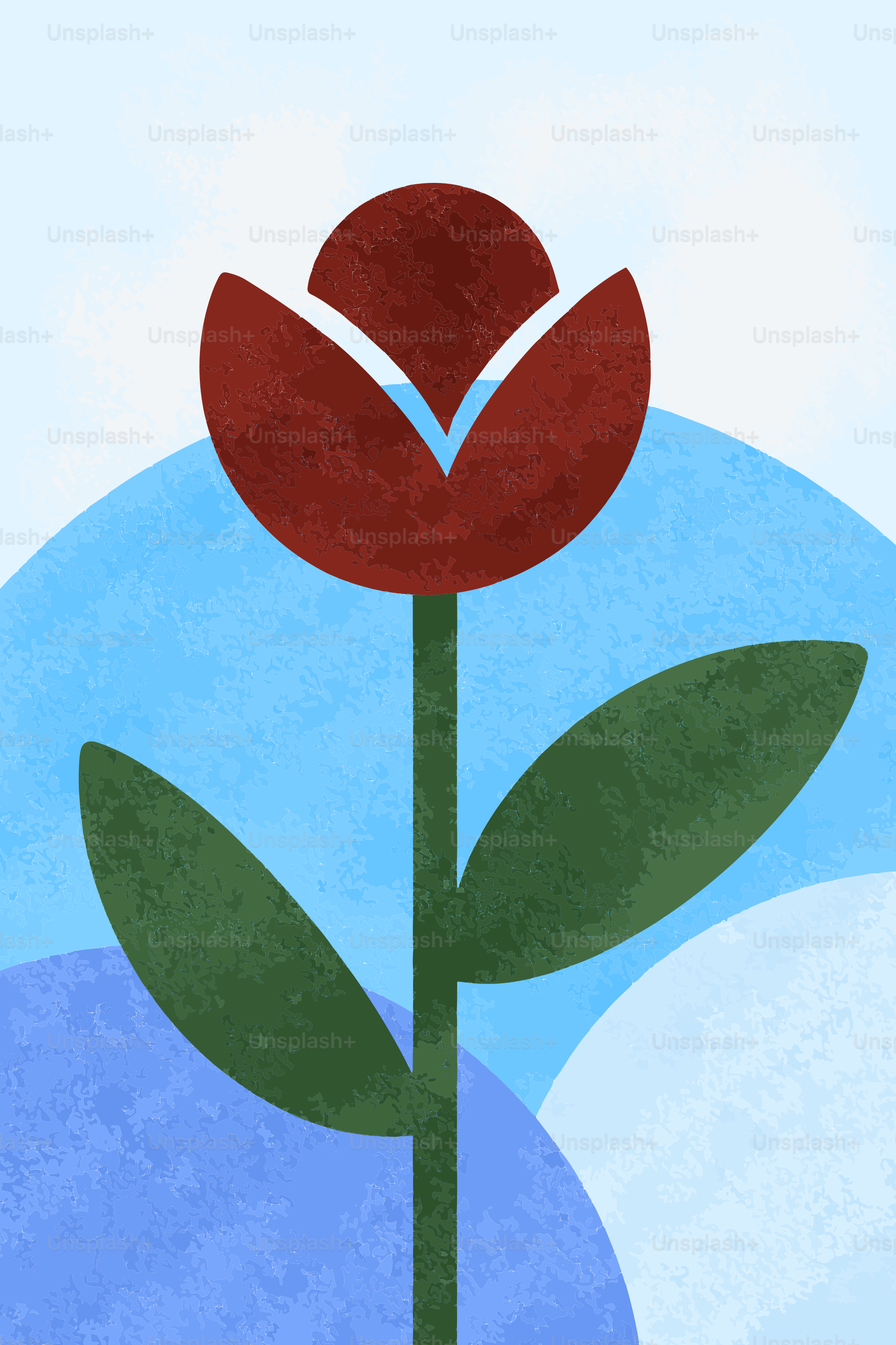 A stylized red tulip with green leaves against blue background.