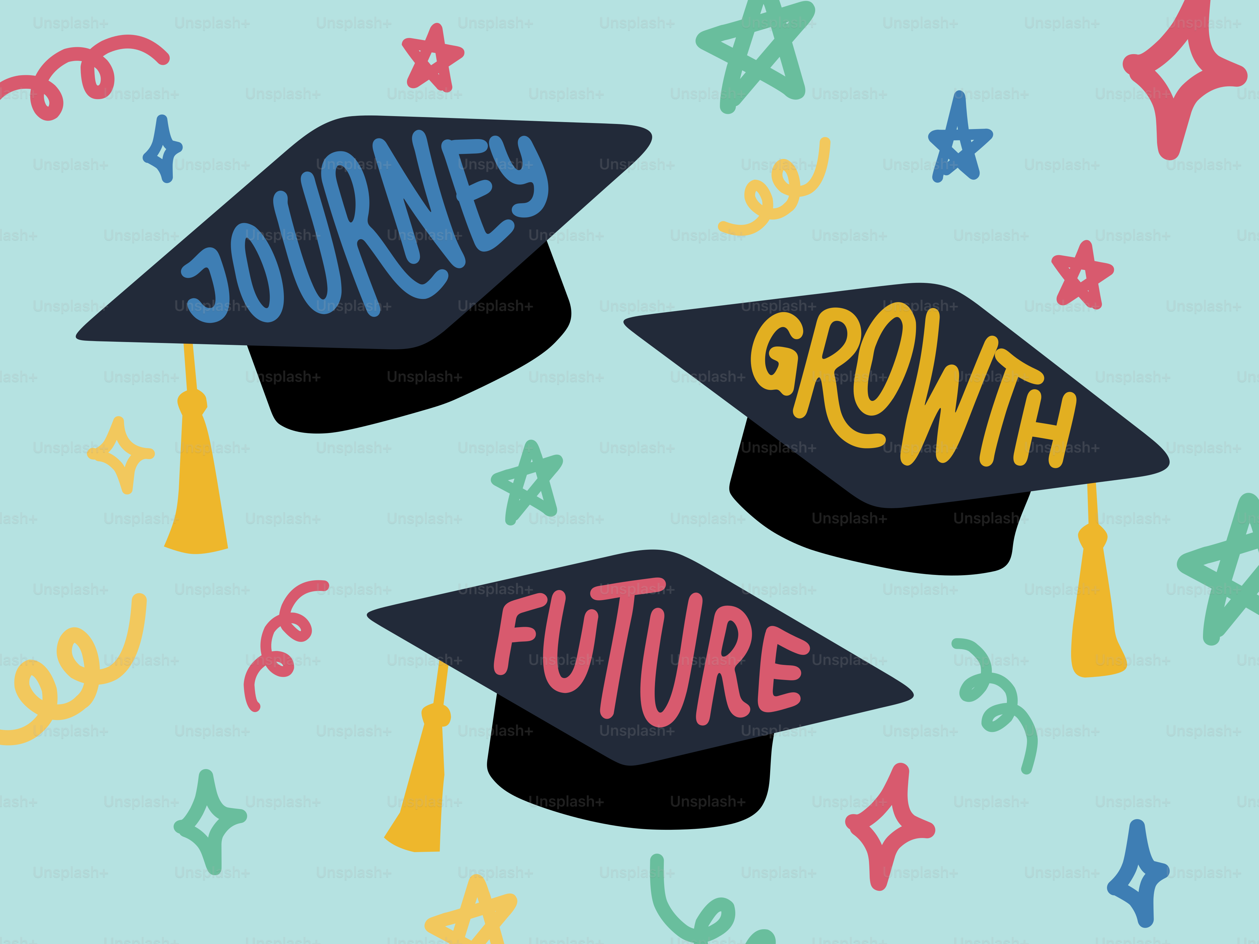 Graduation caps with words journey, growth, and future.