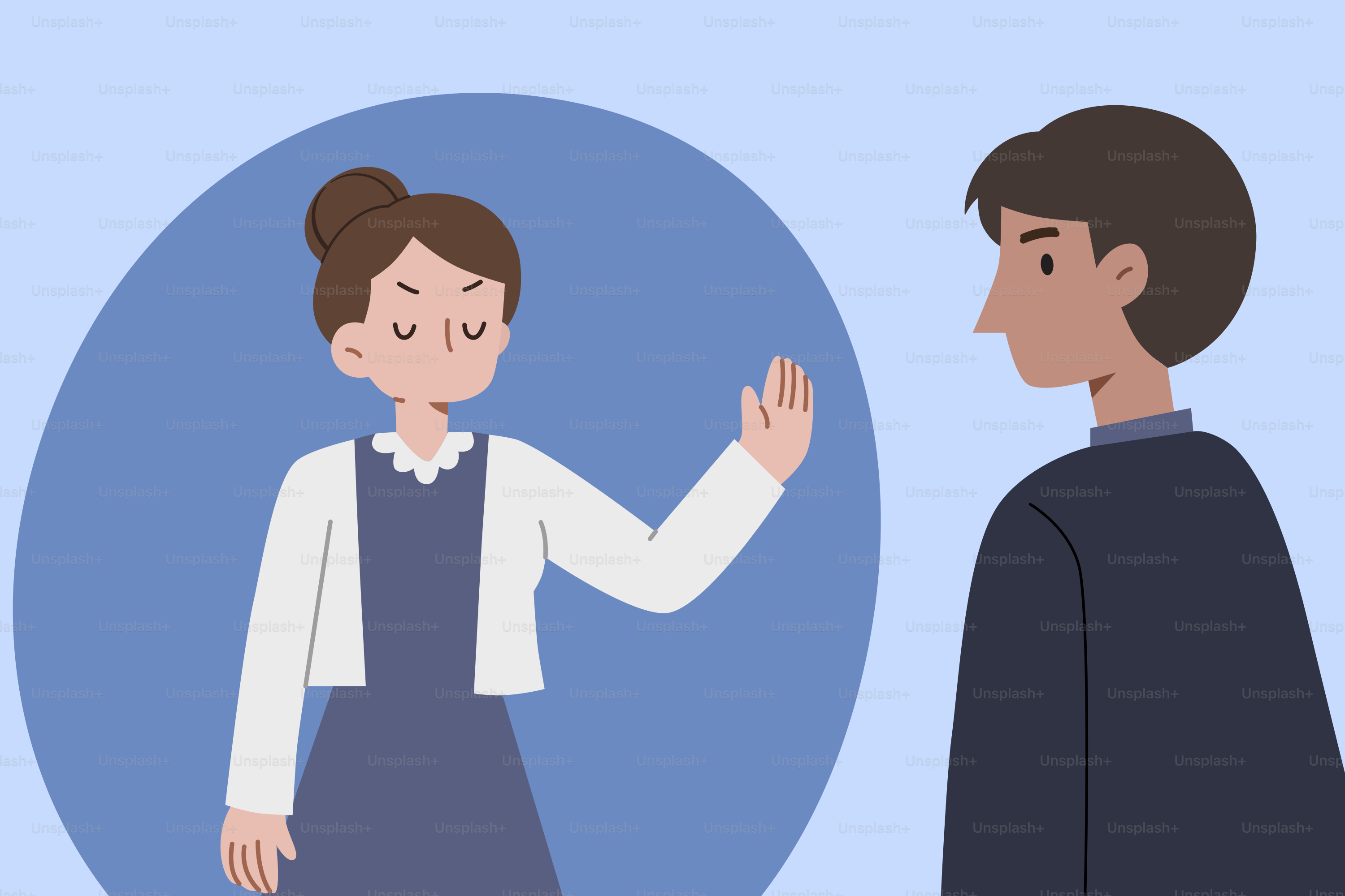 Woman holding hand up to man