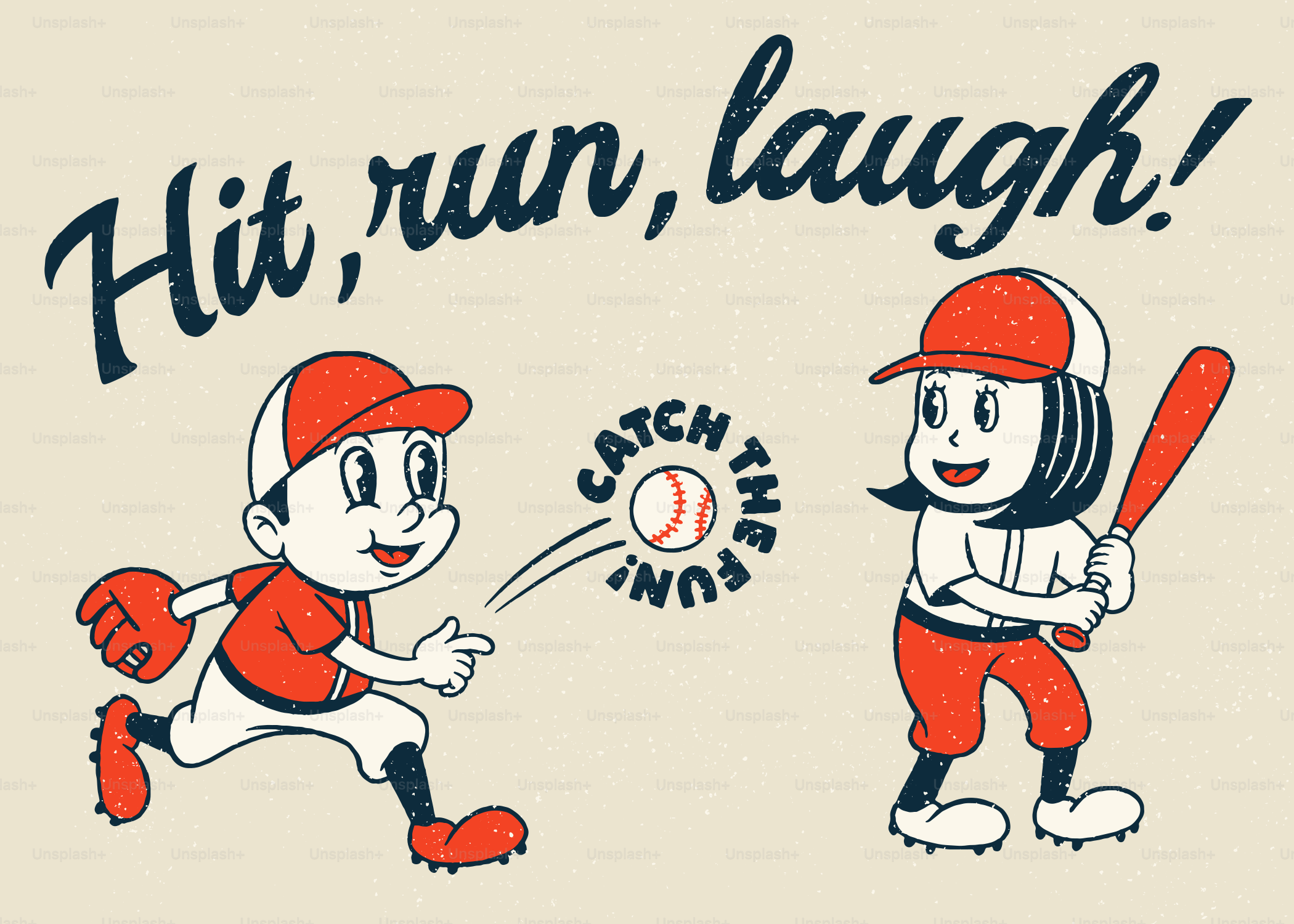 두 명의 만화 아이들이 야구를 하며 "catch the fun!"이라는 문구를 가지고 있습니다.