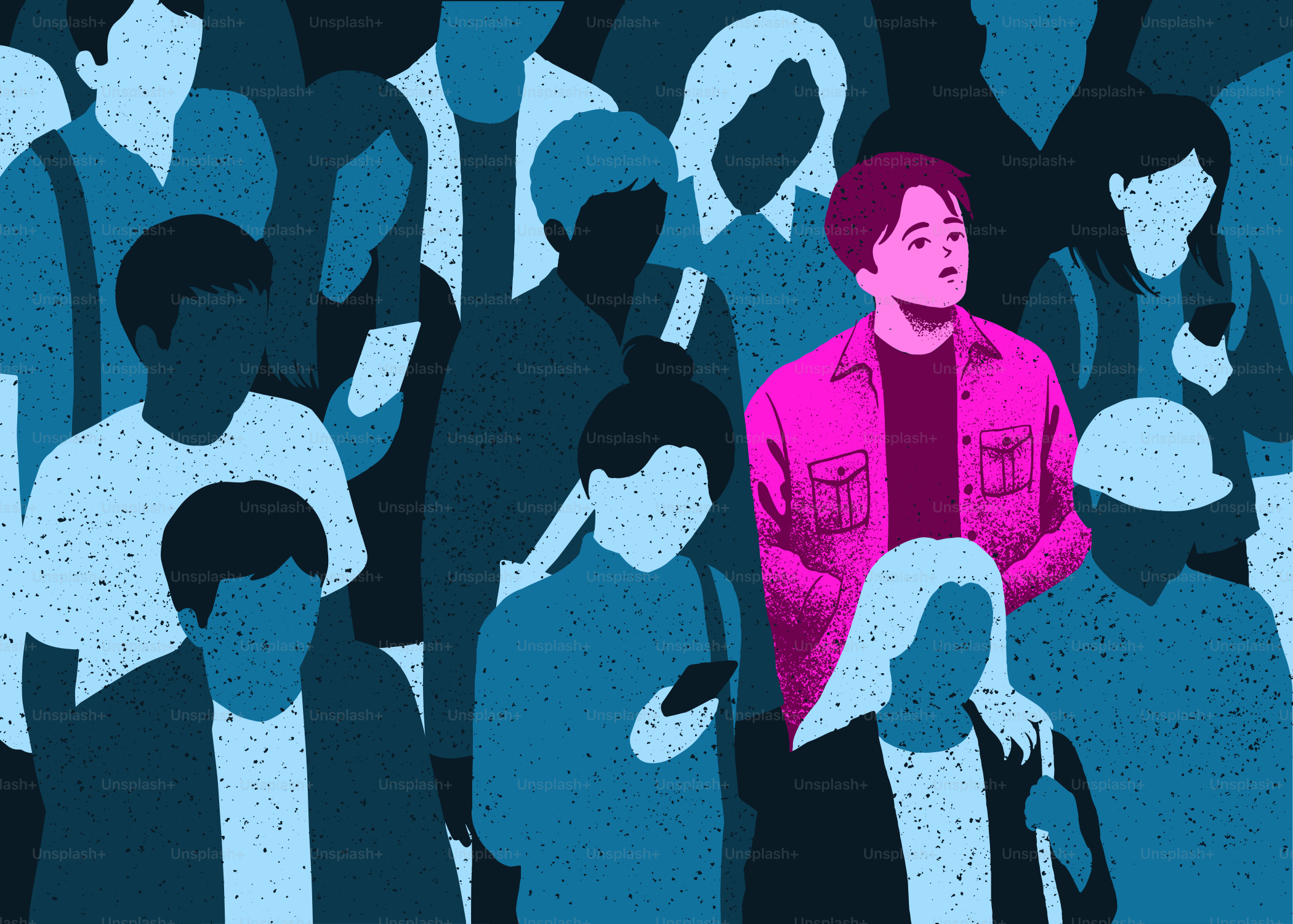 파란 인물들 무리 속에서 한 사람이 눈에 띕니다.