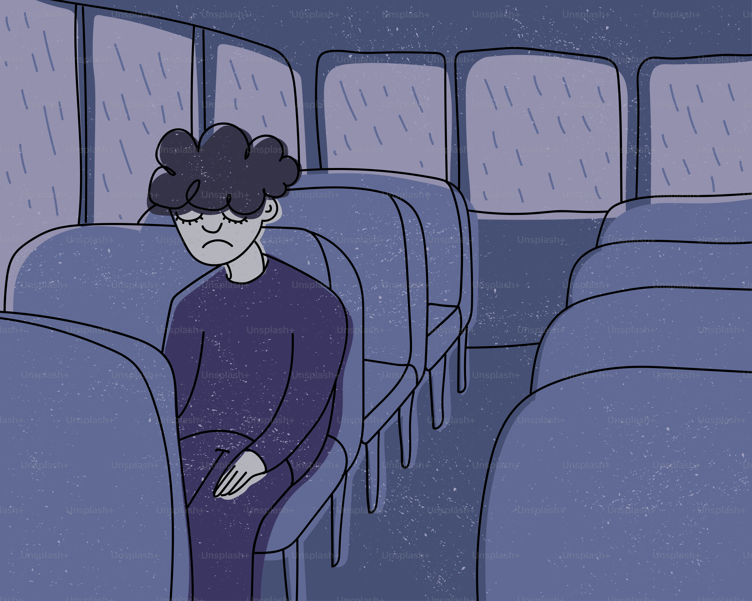 悲しい人が雨の中、一人でバスに座っている。