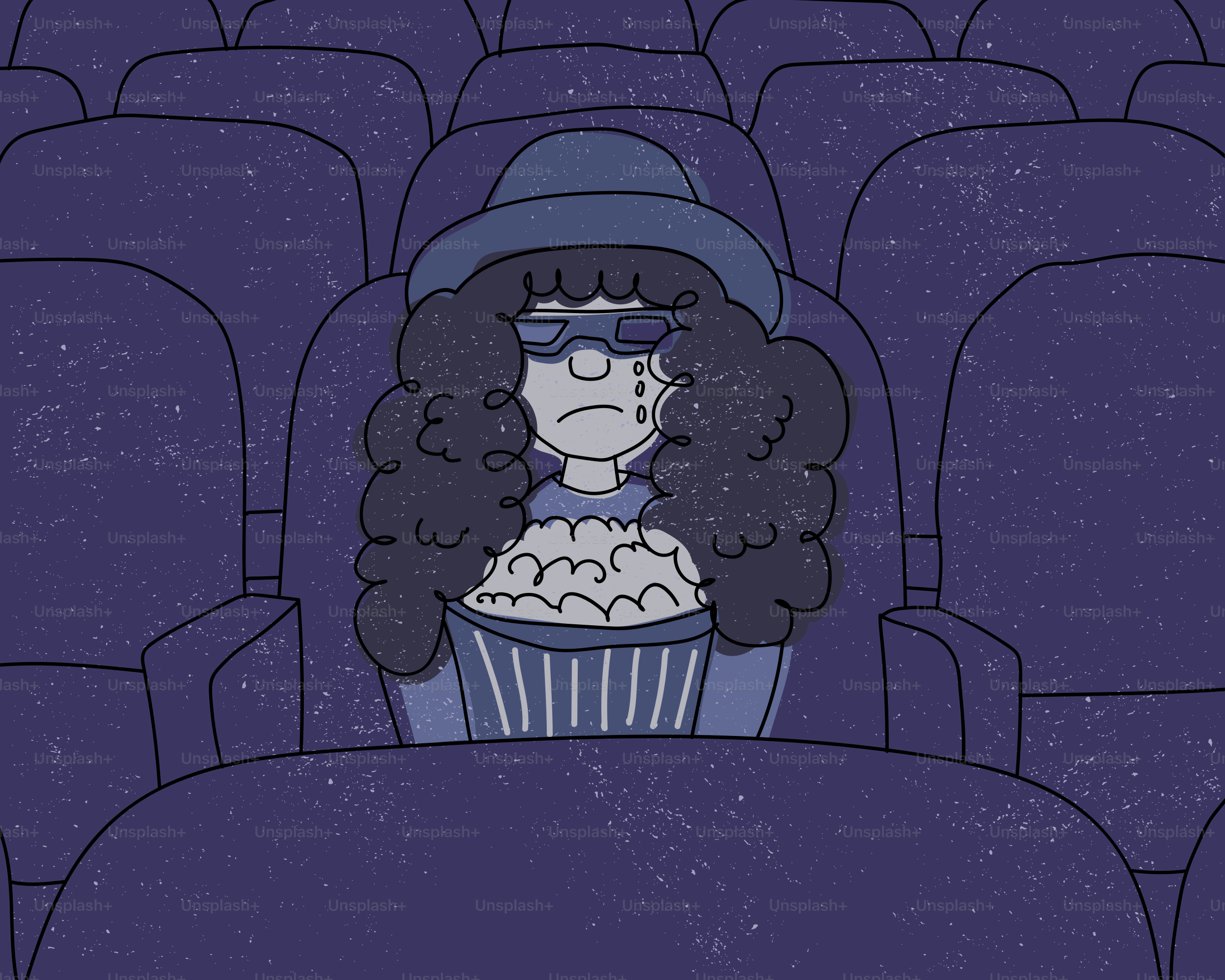 映画館でポップコーンを食べながら泣いている悲しい人。