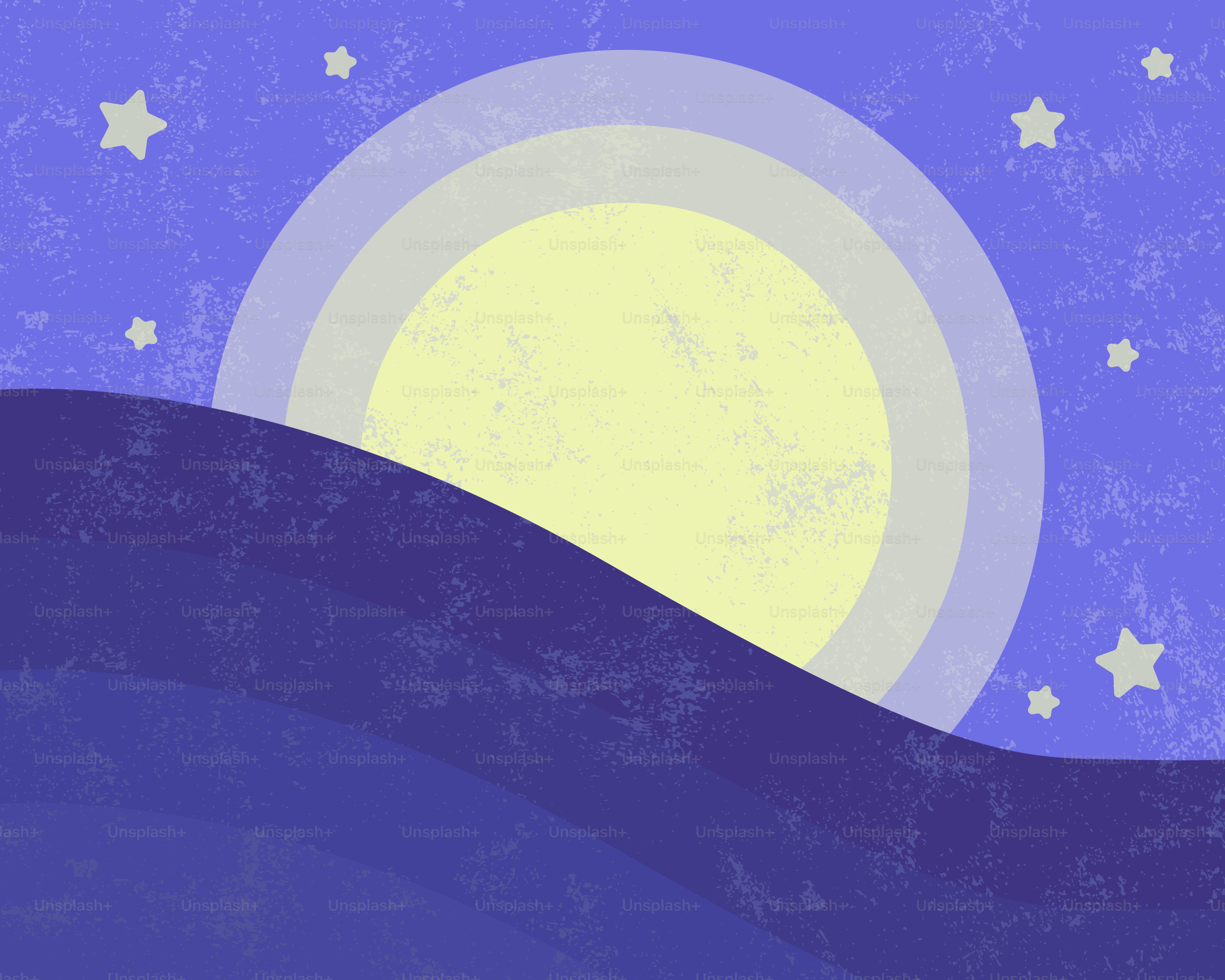 濃紺の波の上に様式化された月が昇っています。