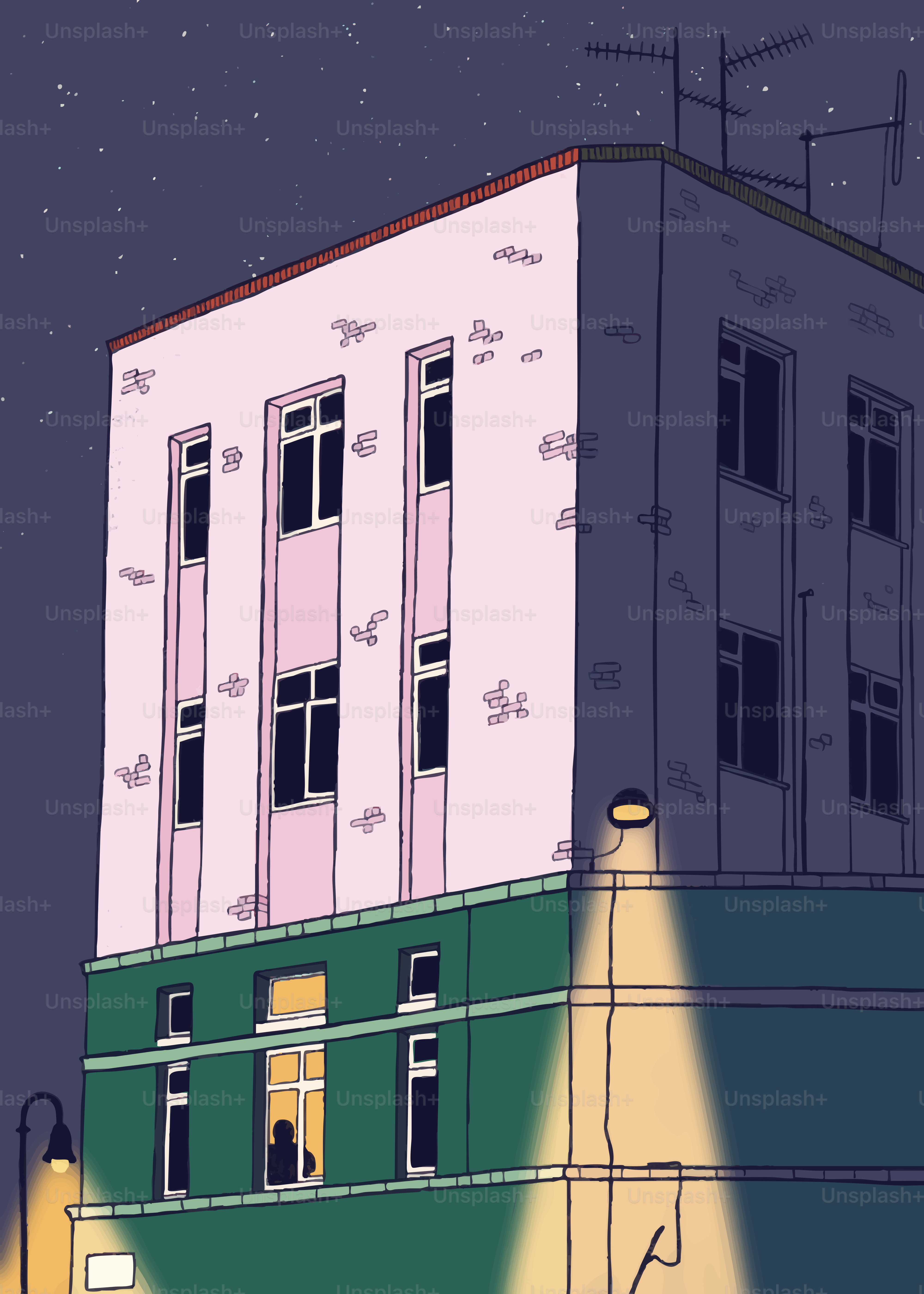 夜に一つの明かりのある窓だけの建物。