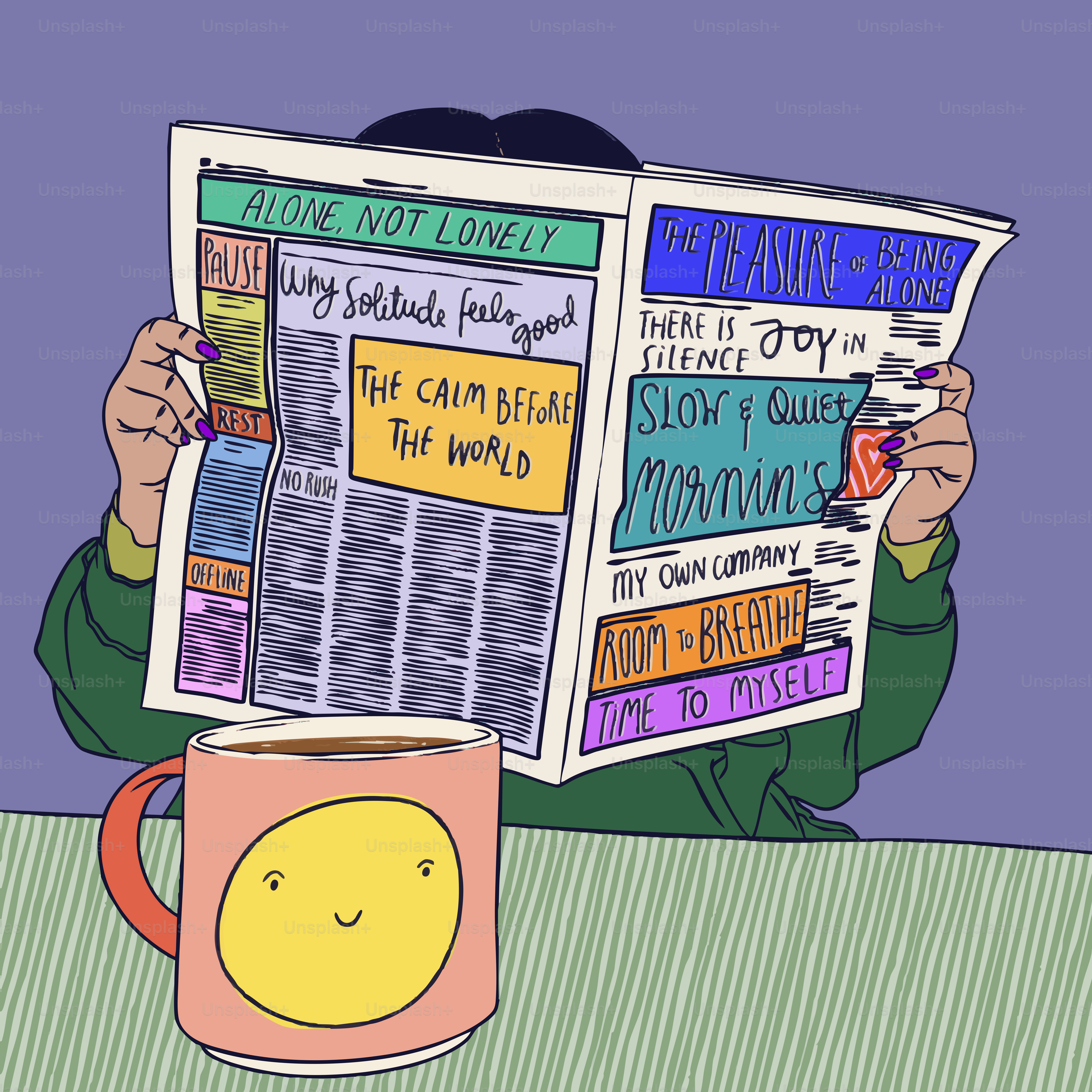 コーヒーカップで新聞を読む人