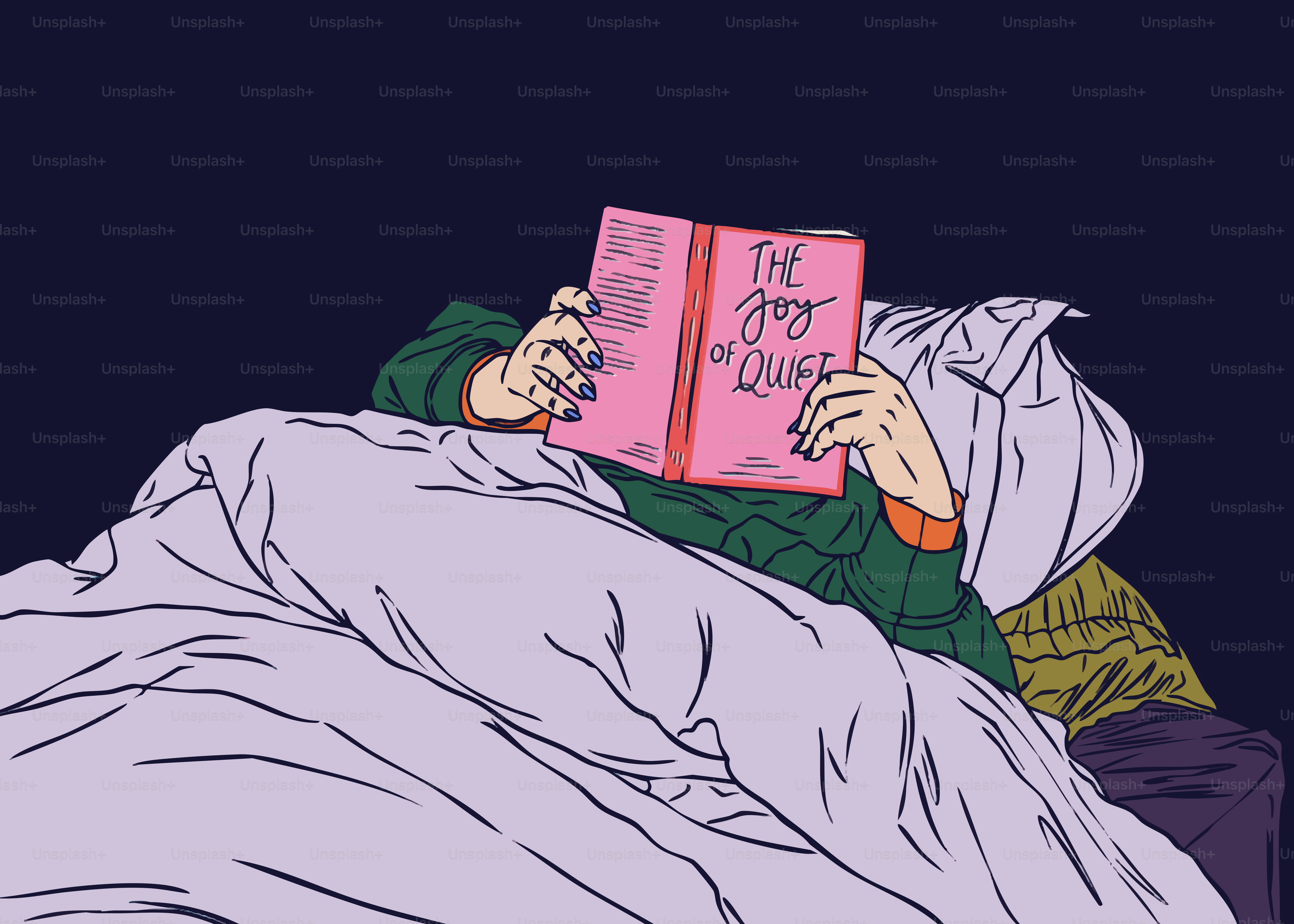 布団の中でベッドで本を読んでいる人。
