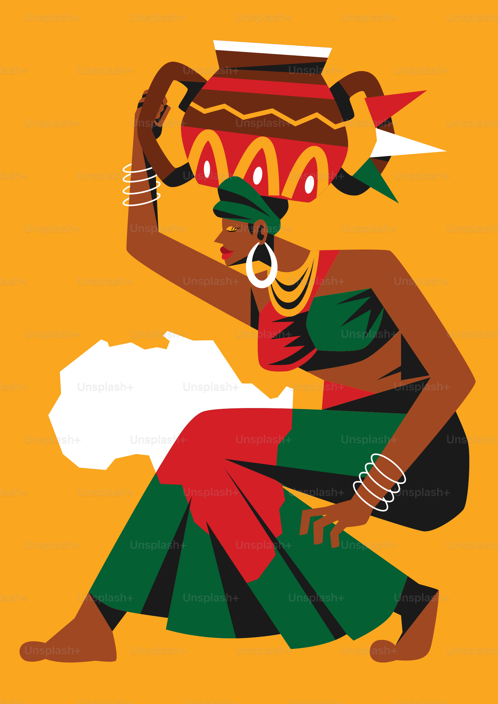 Femme portant de l’herbe sur la tête avec une silhouette de carte africaine
