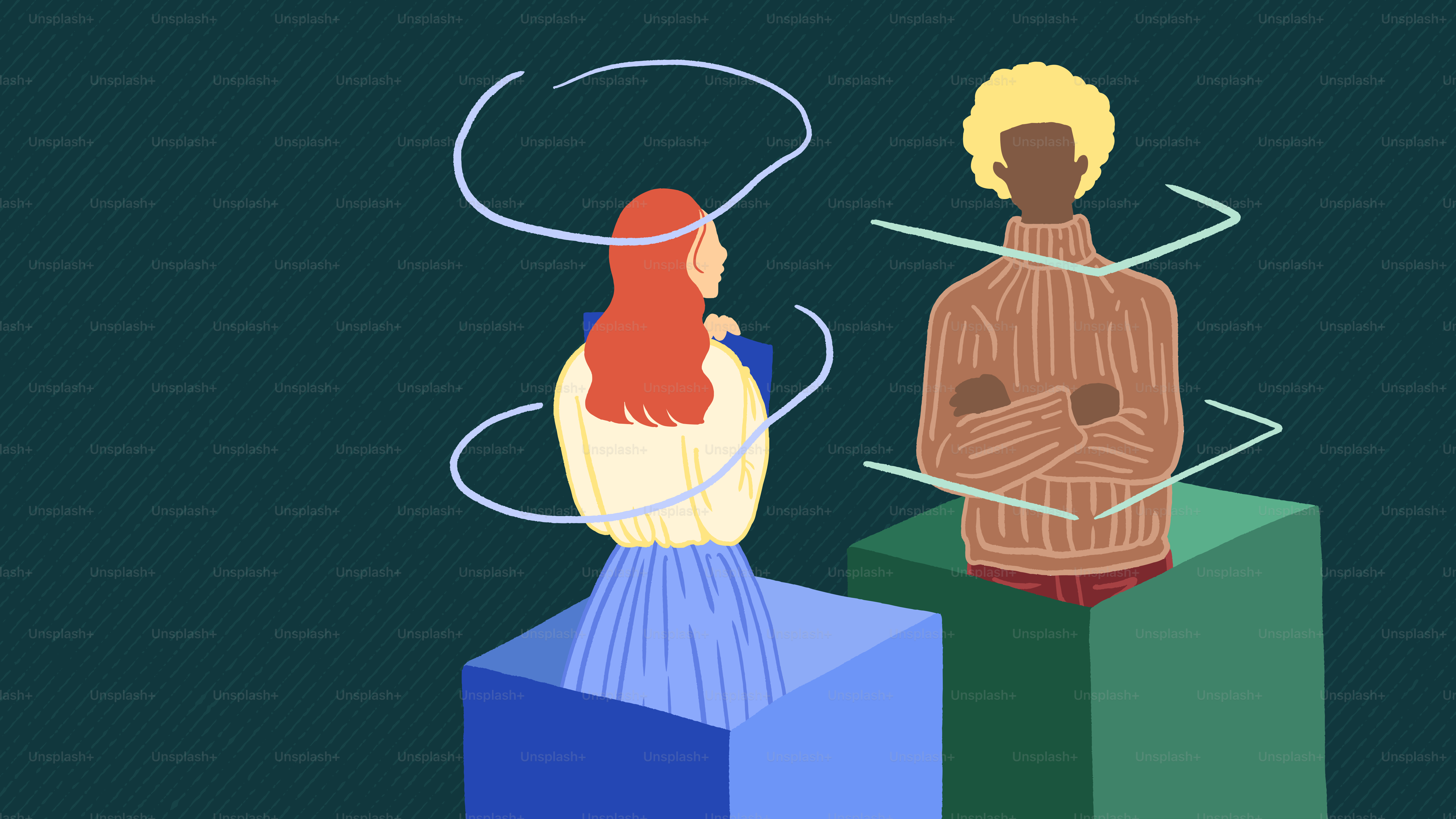 Two people with abstract shapes around them