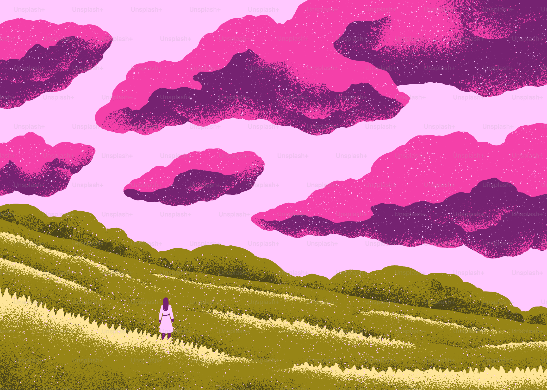 분홍빛 구름 아래 풀밭에 사람이 서 있다