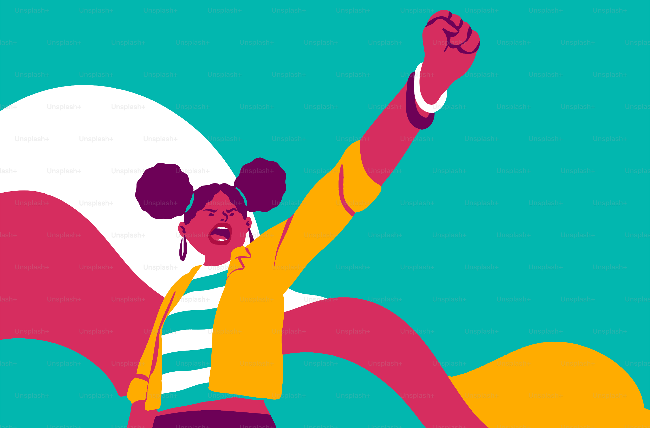 Wanita muda dengan tinju terangkat dan ekspresi tegas.