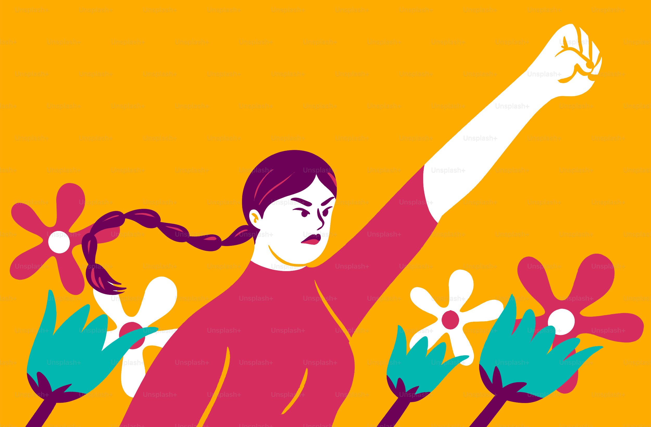 Wanita dengan tinju terangkat di antara bunga-bunga berwarna-warni