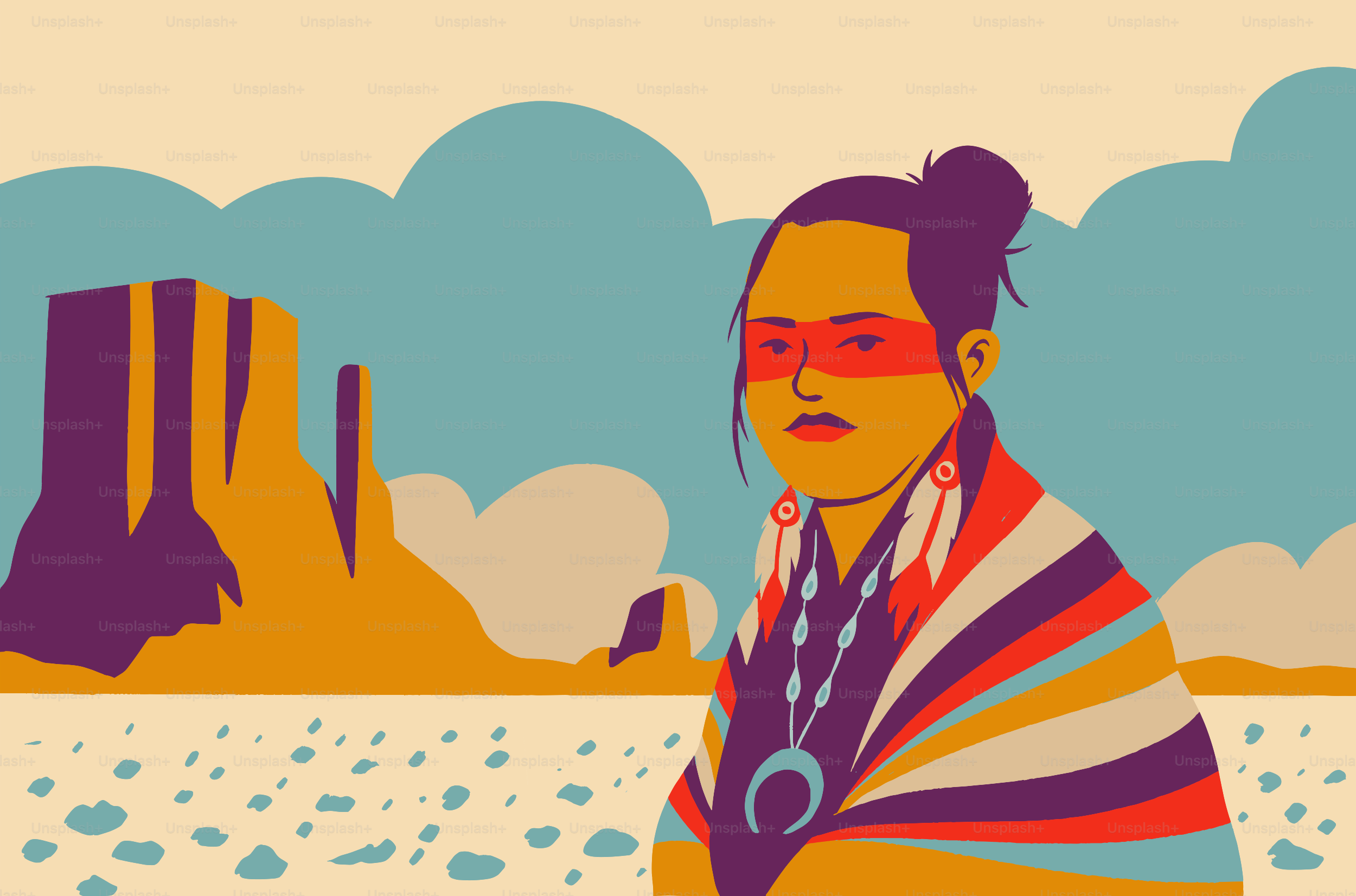 Wanita asli amerika dengan cat wajah di lanskap gurun