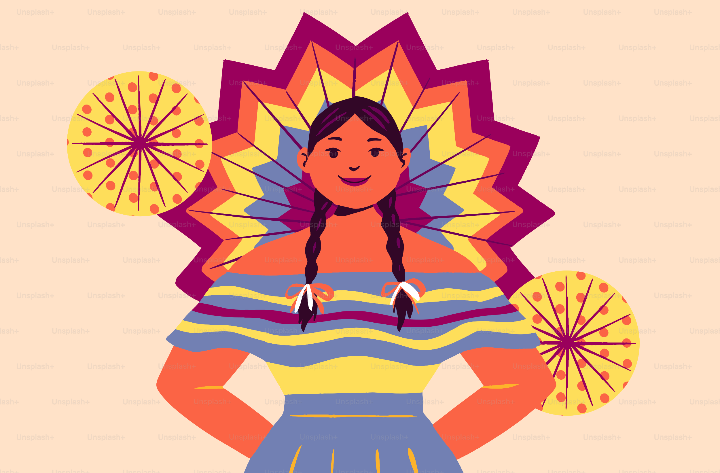 Wanita dengan gaun tradisional Meksiko dengan latar belakang warna-warni