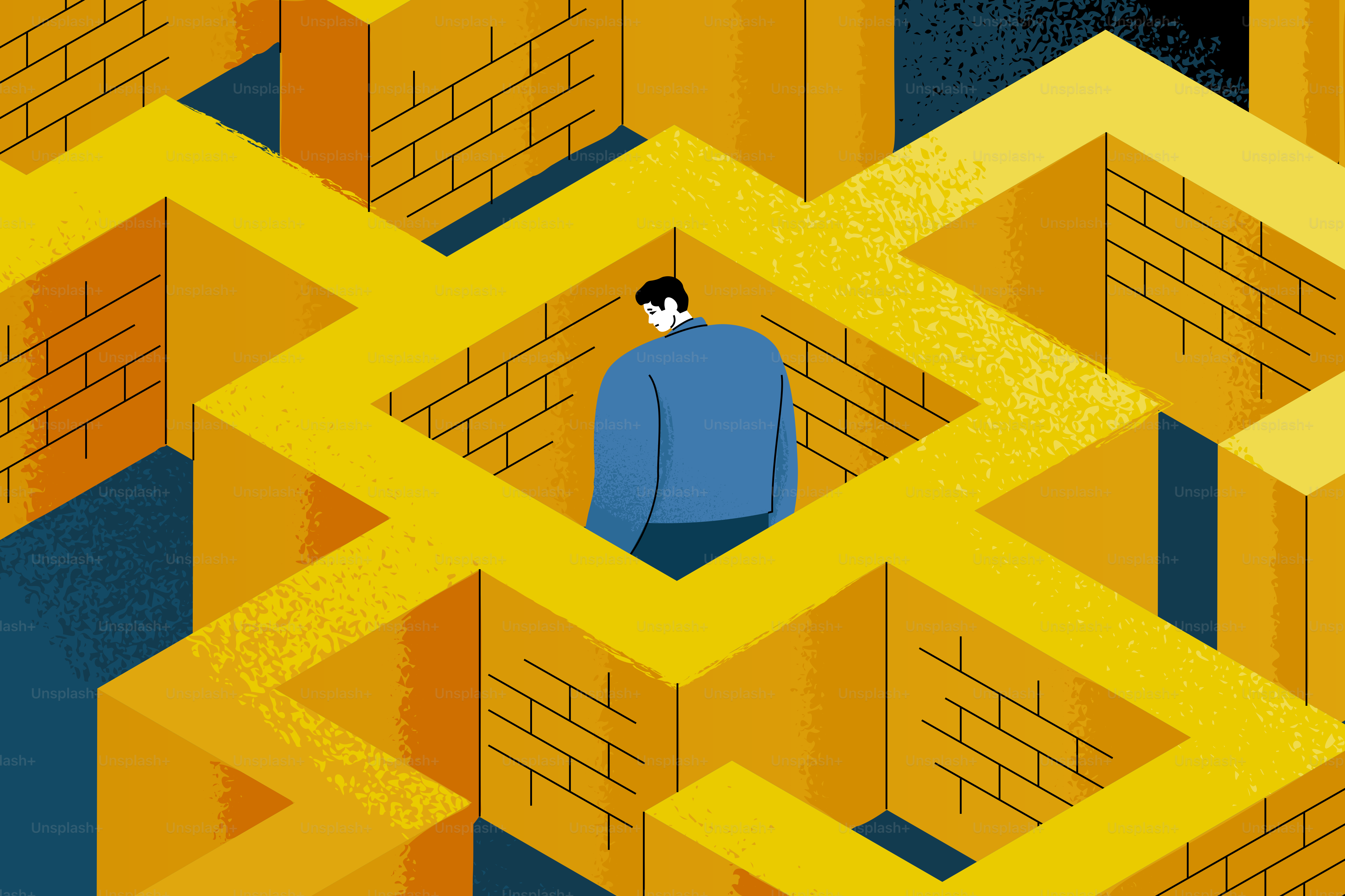 Man lost in a yellow brick maze