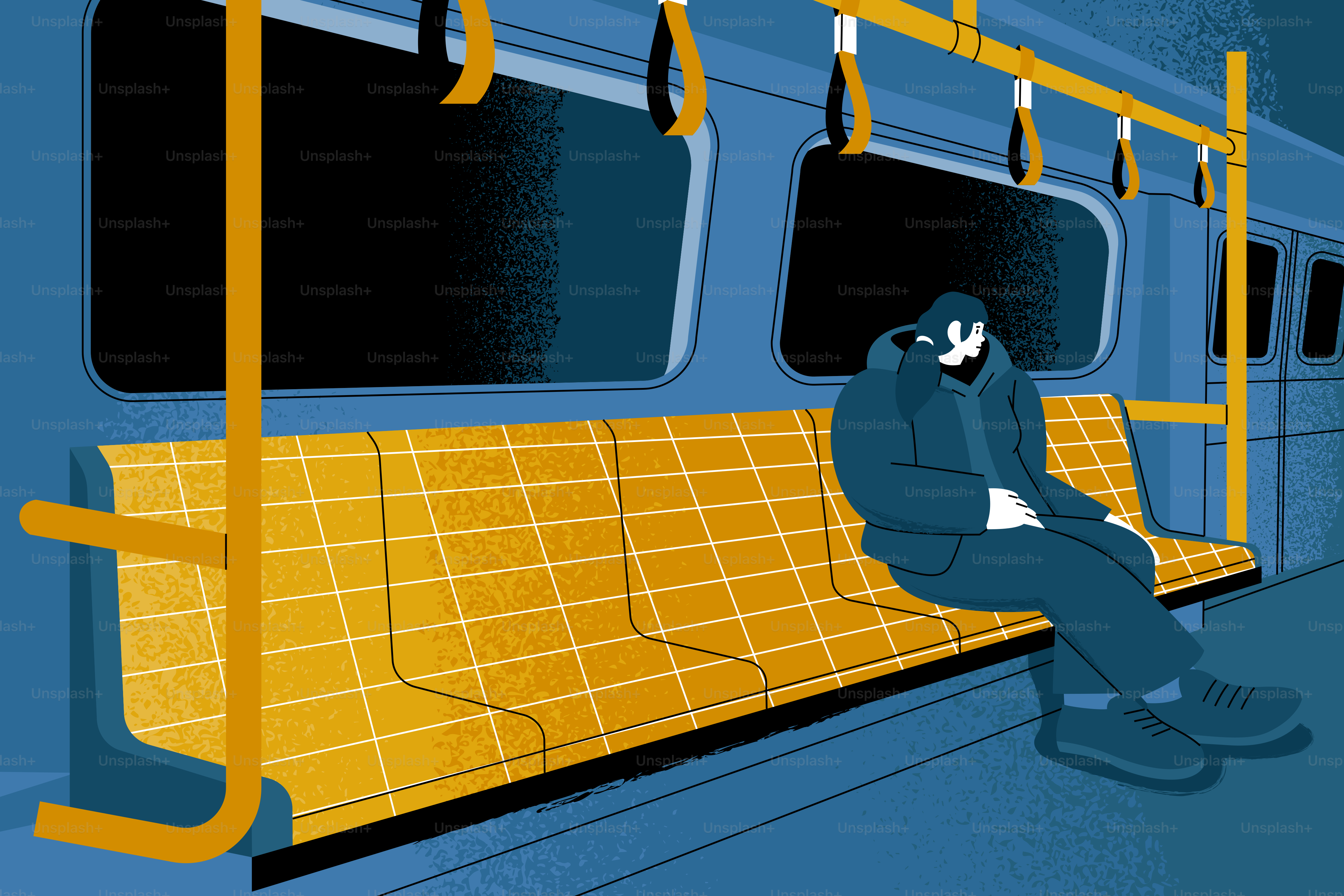 A lone figure sits on a train seat at night.