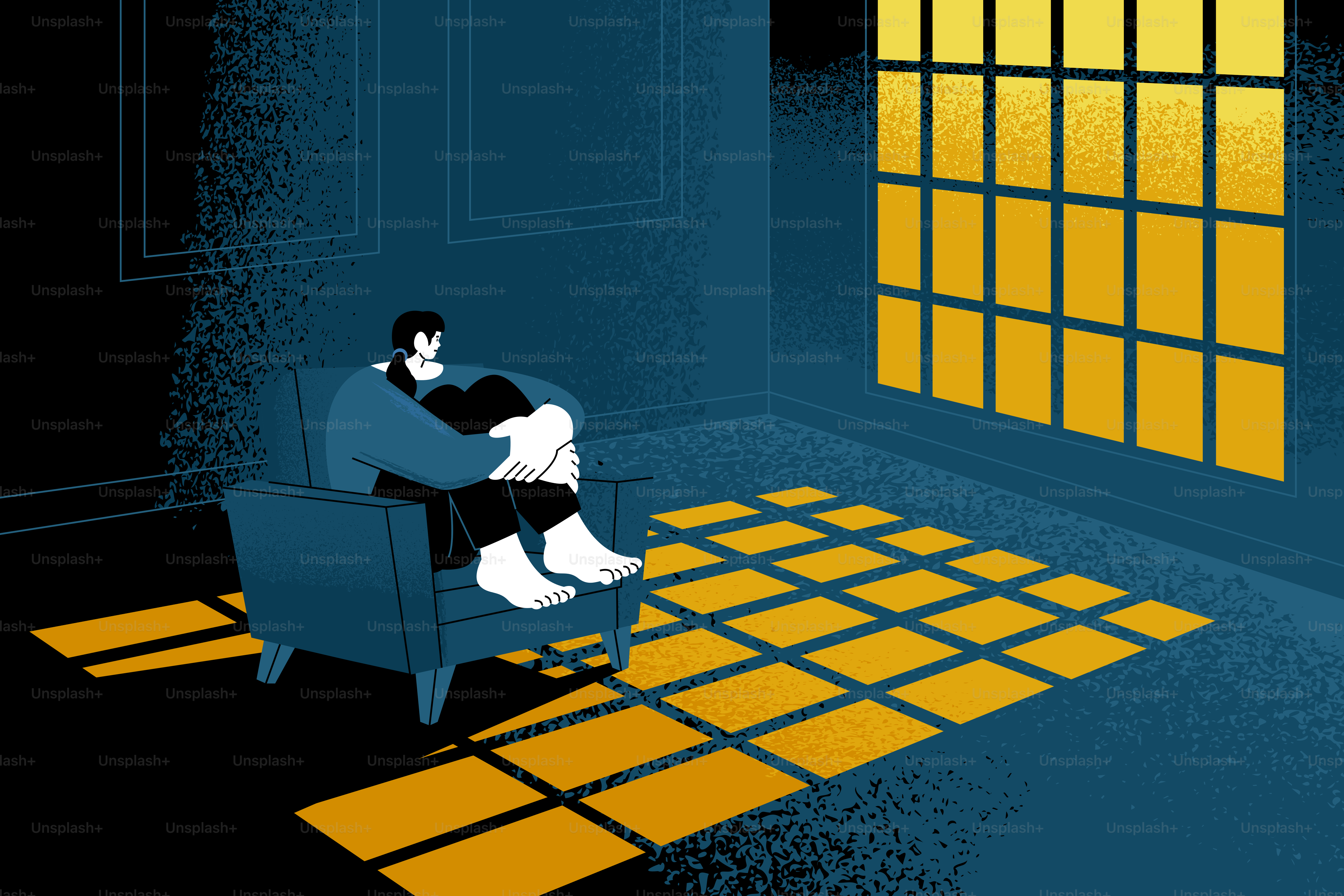 Person sitting in chair by window with sunlight patterns.