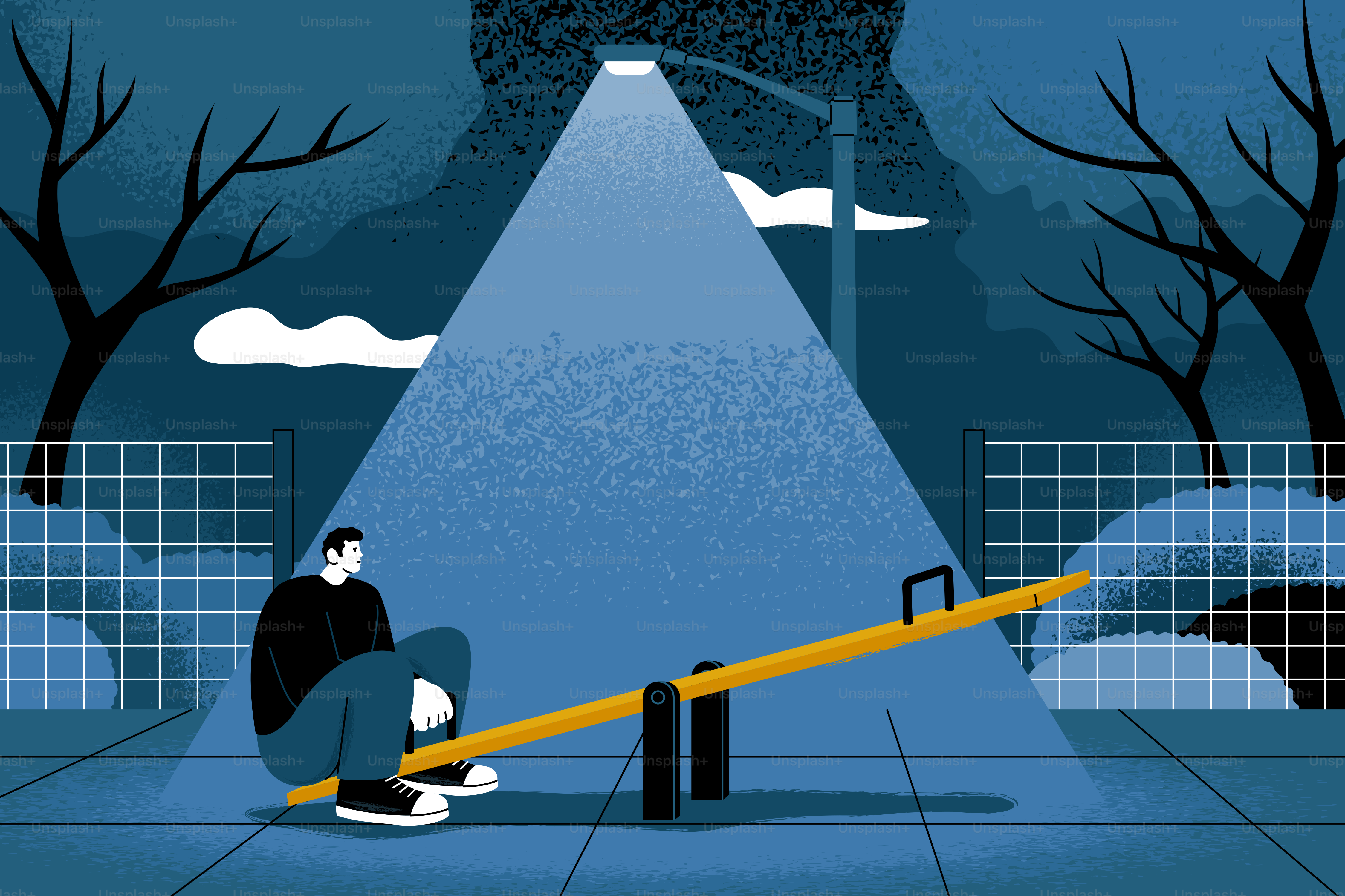 Man sitting alone on a seesaw at night