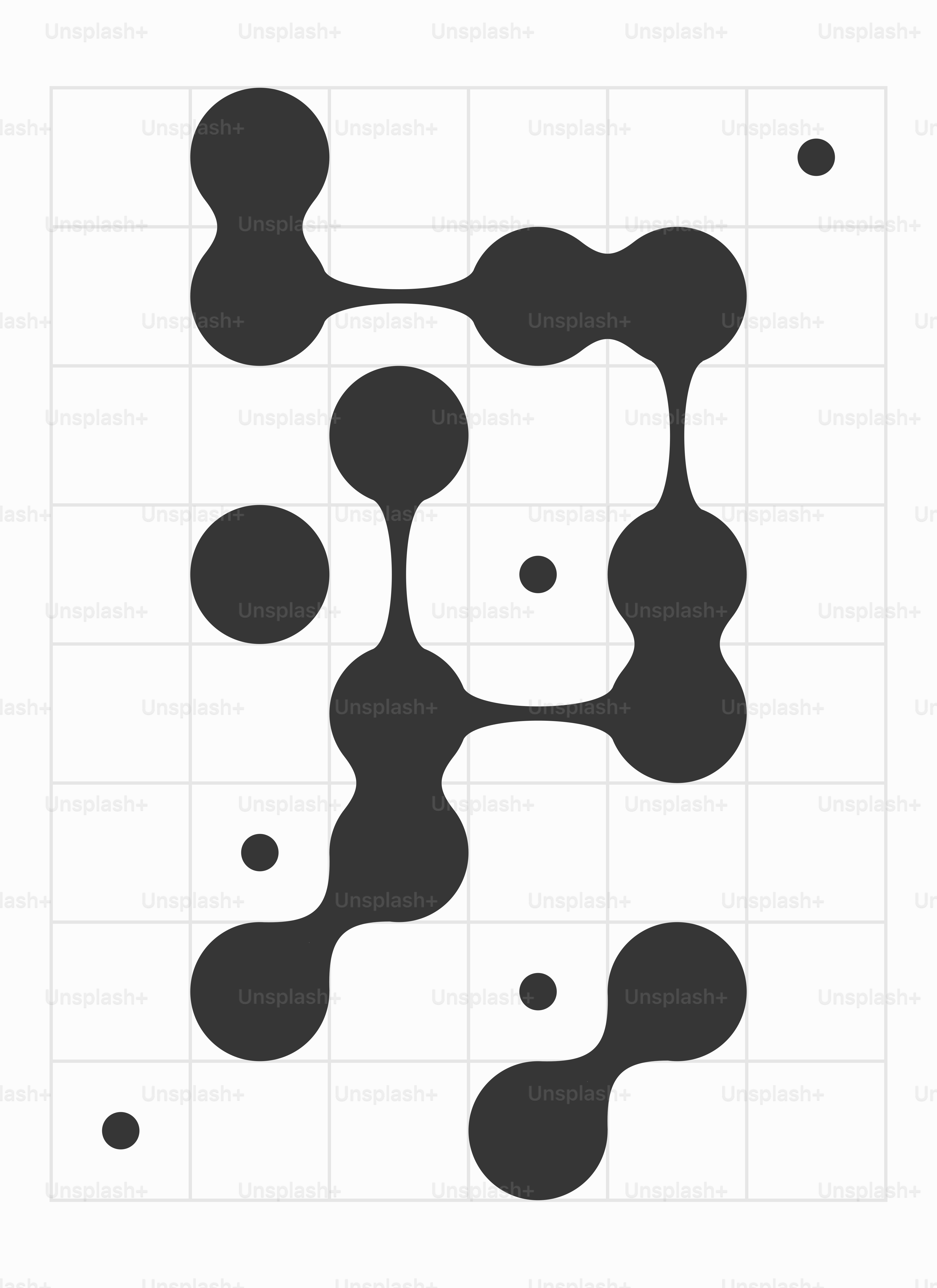 Abstract black blobs connected on a grid background.