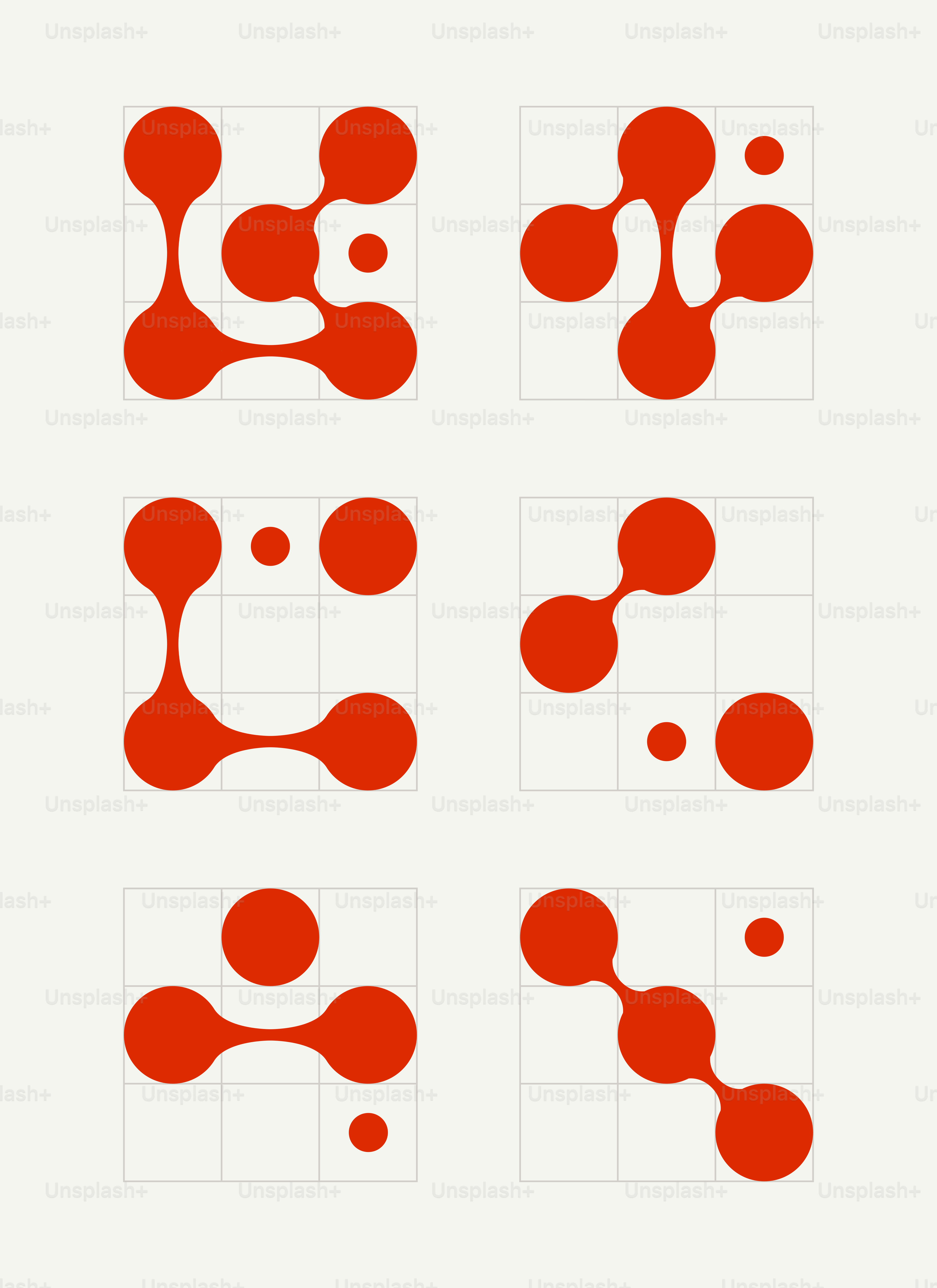 Six red abstract molecular shapes on a grid