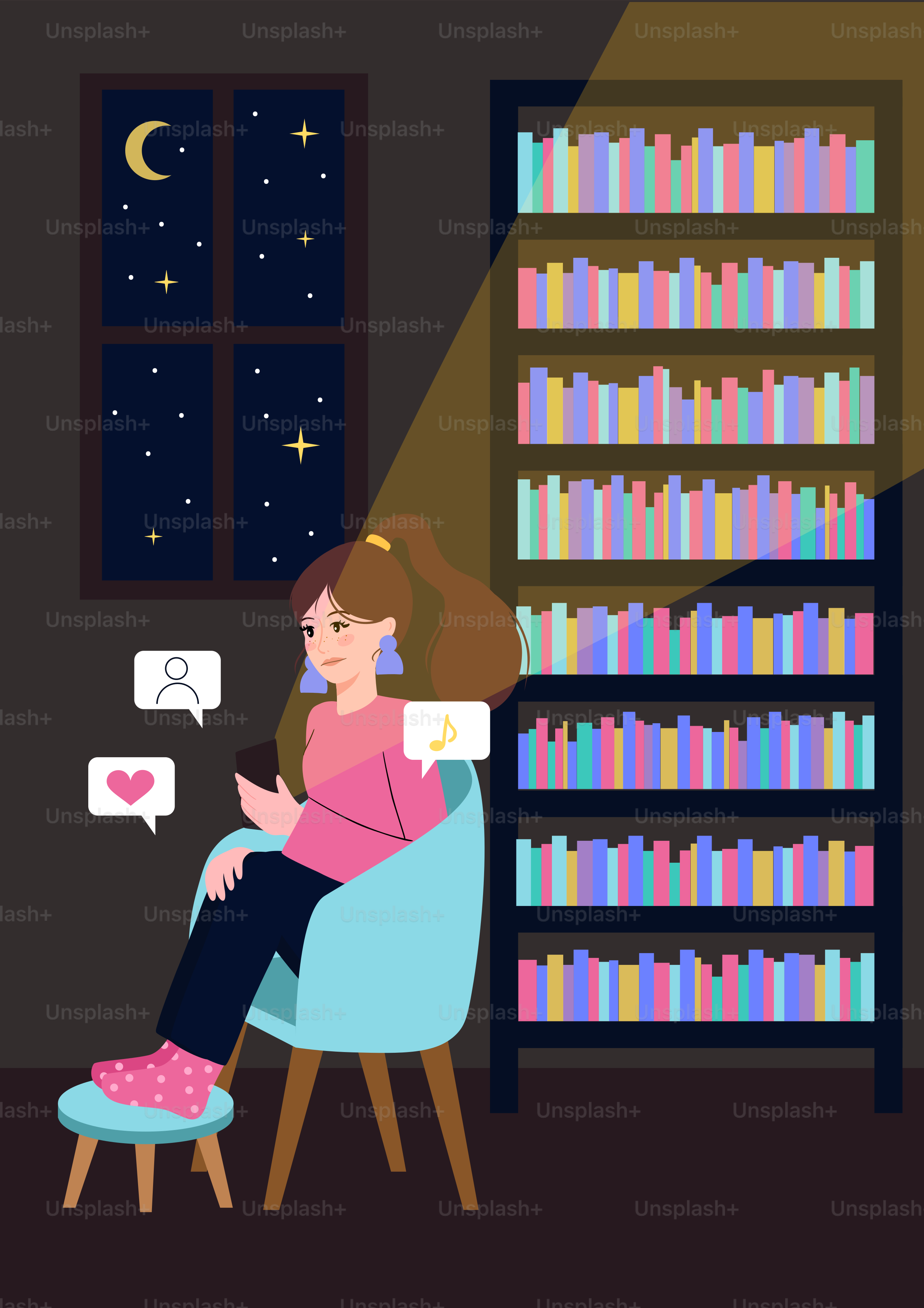 Mujer usando el teléfono en una habitación con estanterías