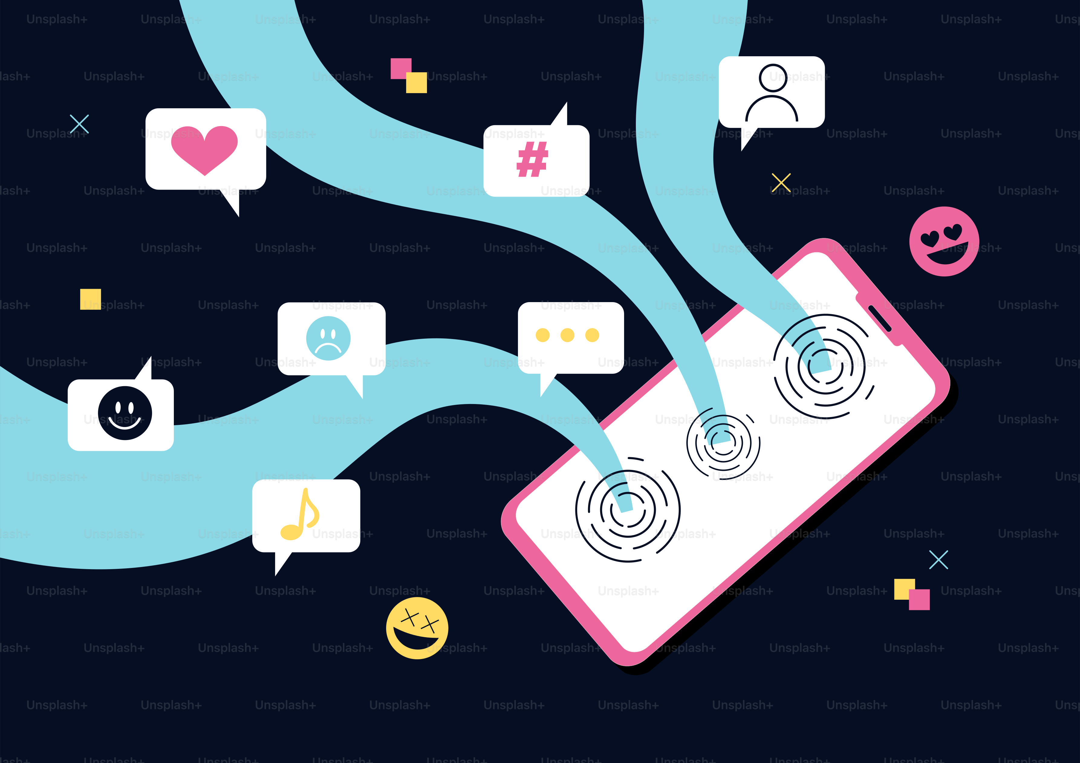 Iconos de redes sociales fluyendo desde la pantalla de un smartphone