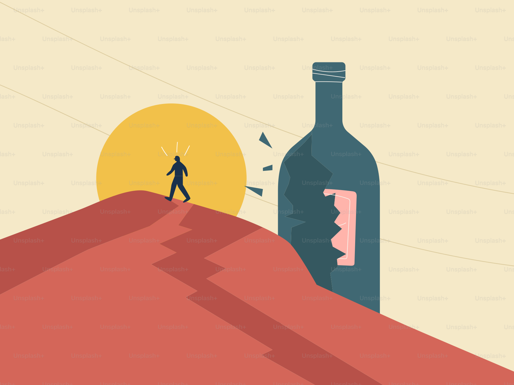 Ein Mann geht auf eine riesige Flasche auf einem roten Hügel zu.