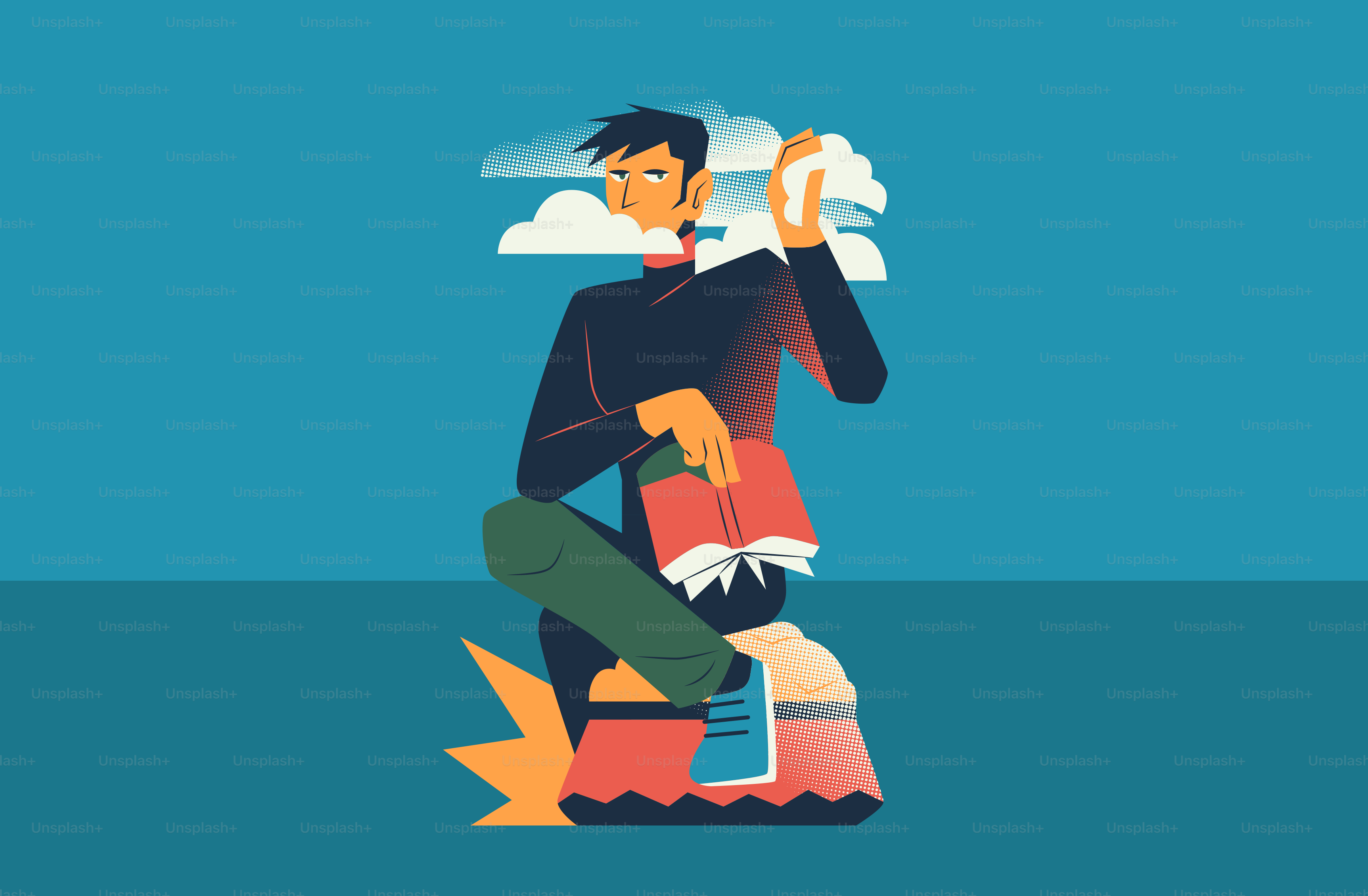 Un homme lisant un livre sur un rocher avec des nuages.