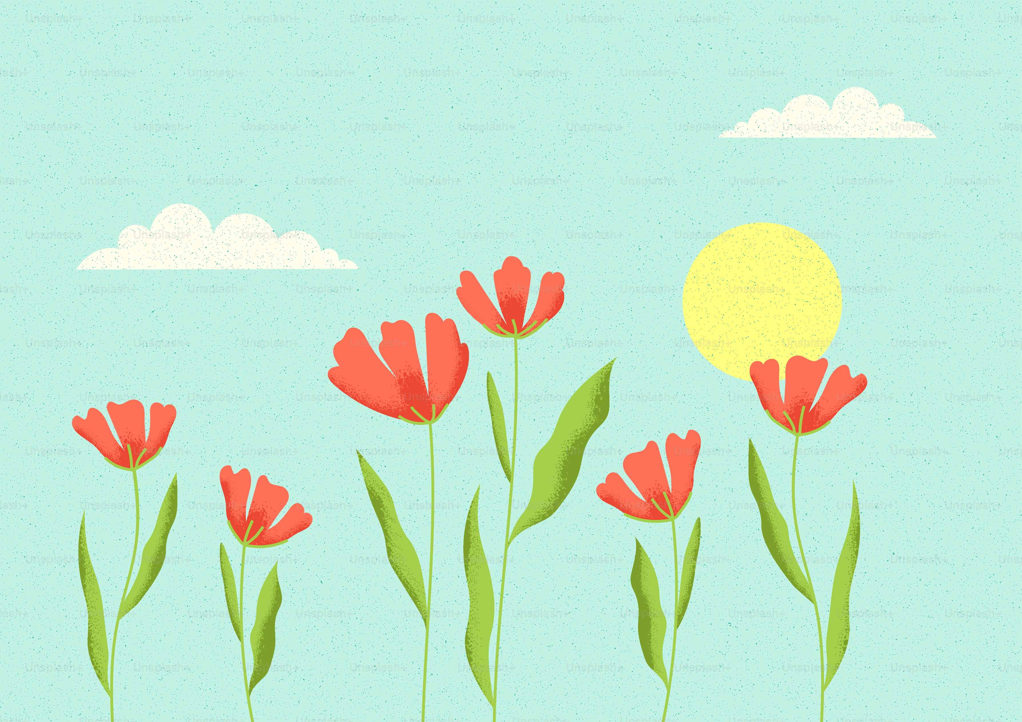 Los tulipanes rojos florecen bajo un sol amarillo y nubes.