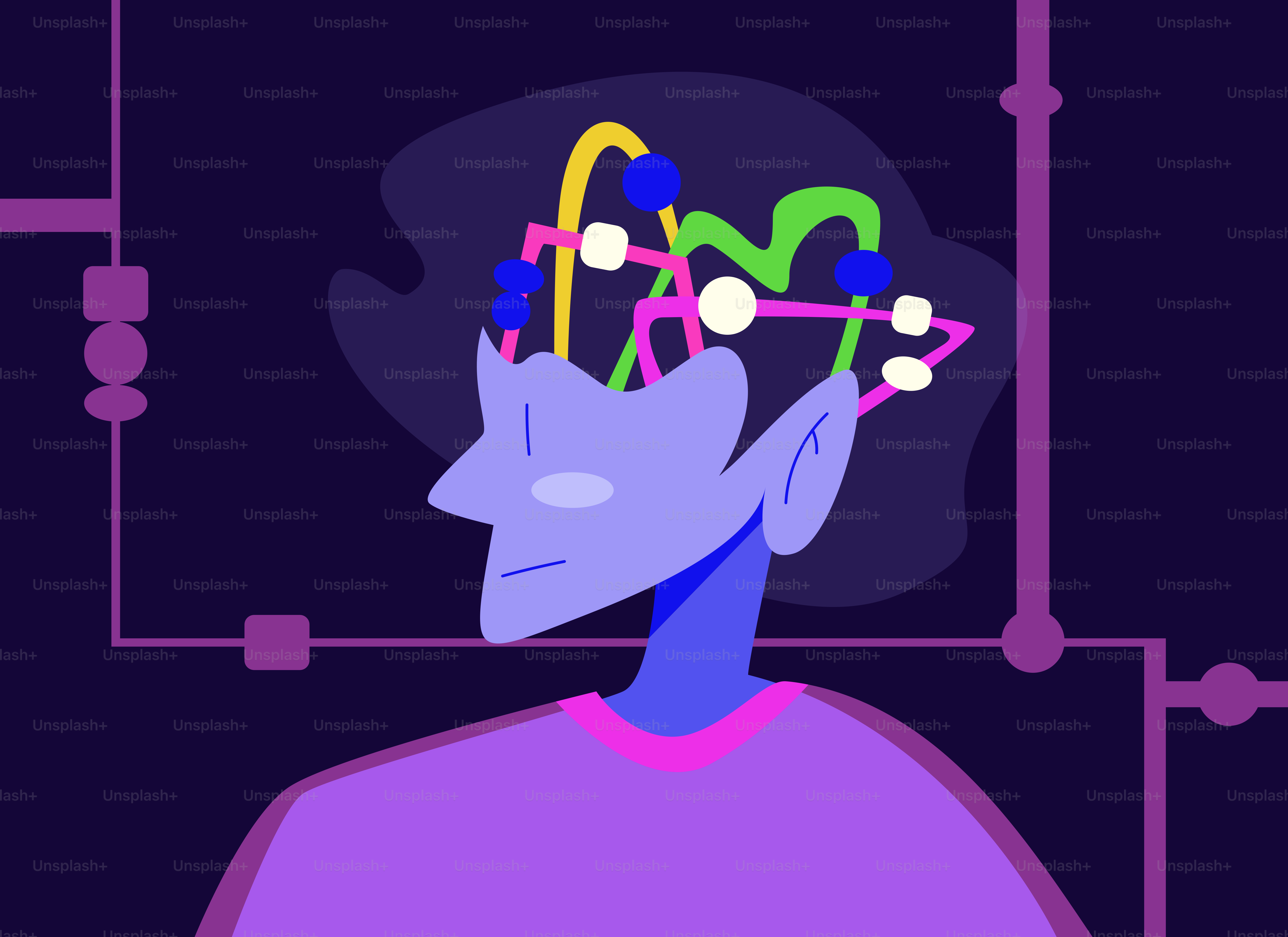 Abstract depiction of a person's head with colorful wires.