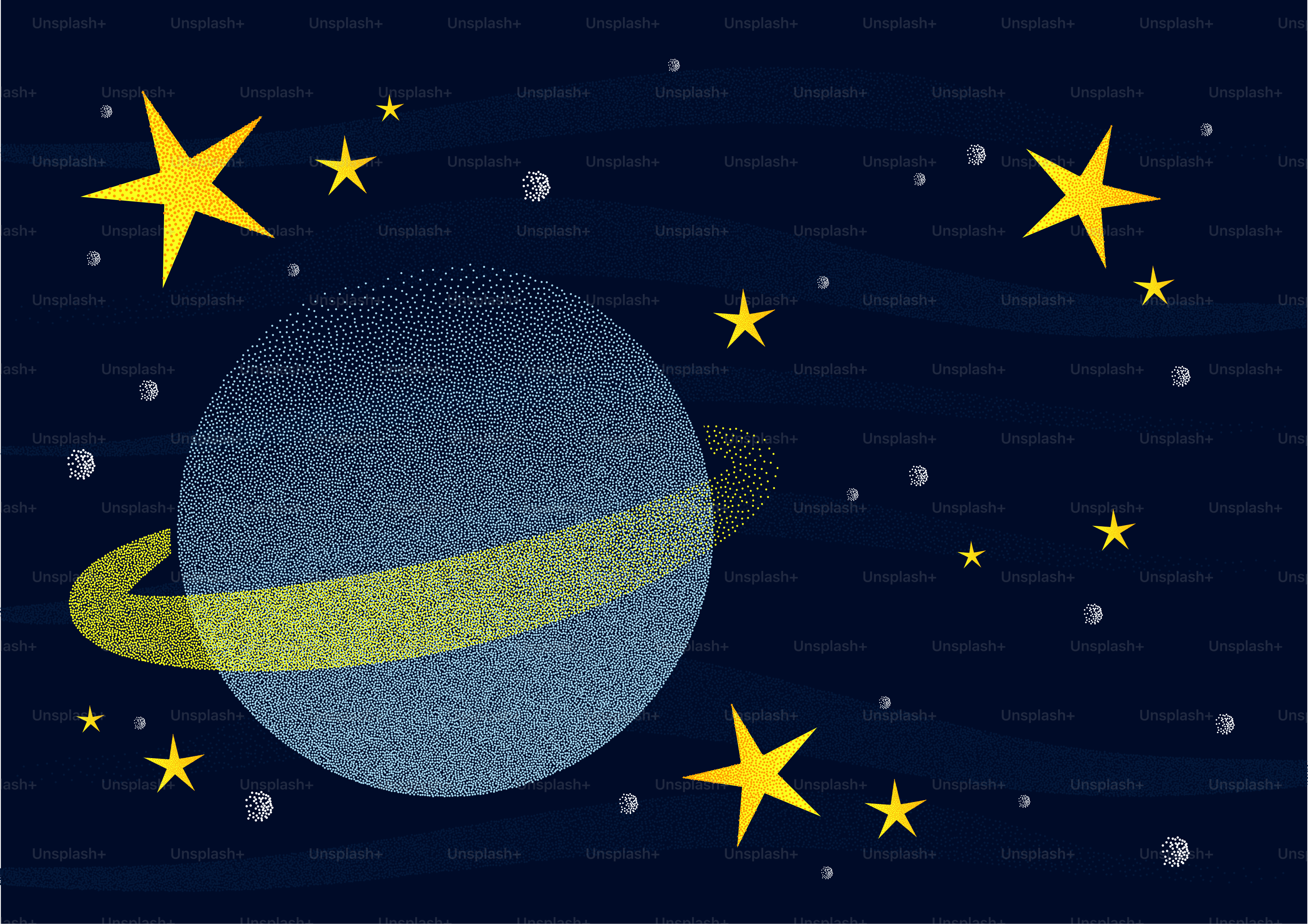 Un planeta estilizado con anillos rodeados de estrellas.