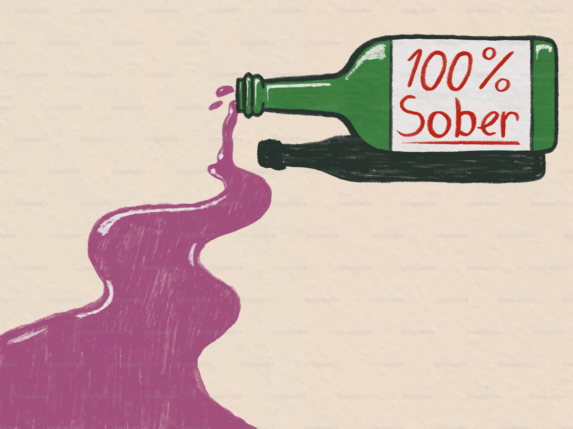 Bottiglia verde etichettata al 100% sobria si sparge liquido viola