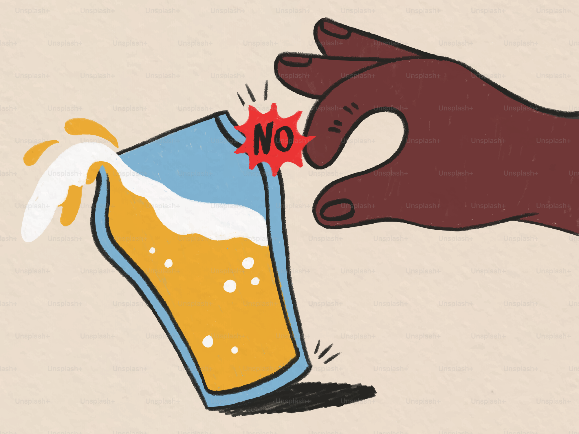 La mano ferma un bicchiere di birra che si rovescia con un "no".