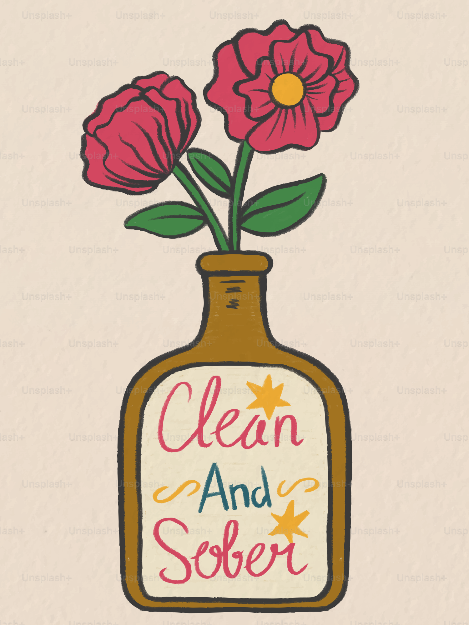 Due fiori rosa in una bottiglia etichettata "pulito e sobrio"