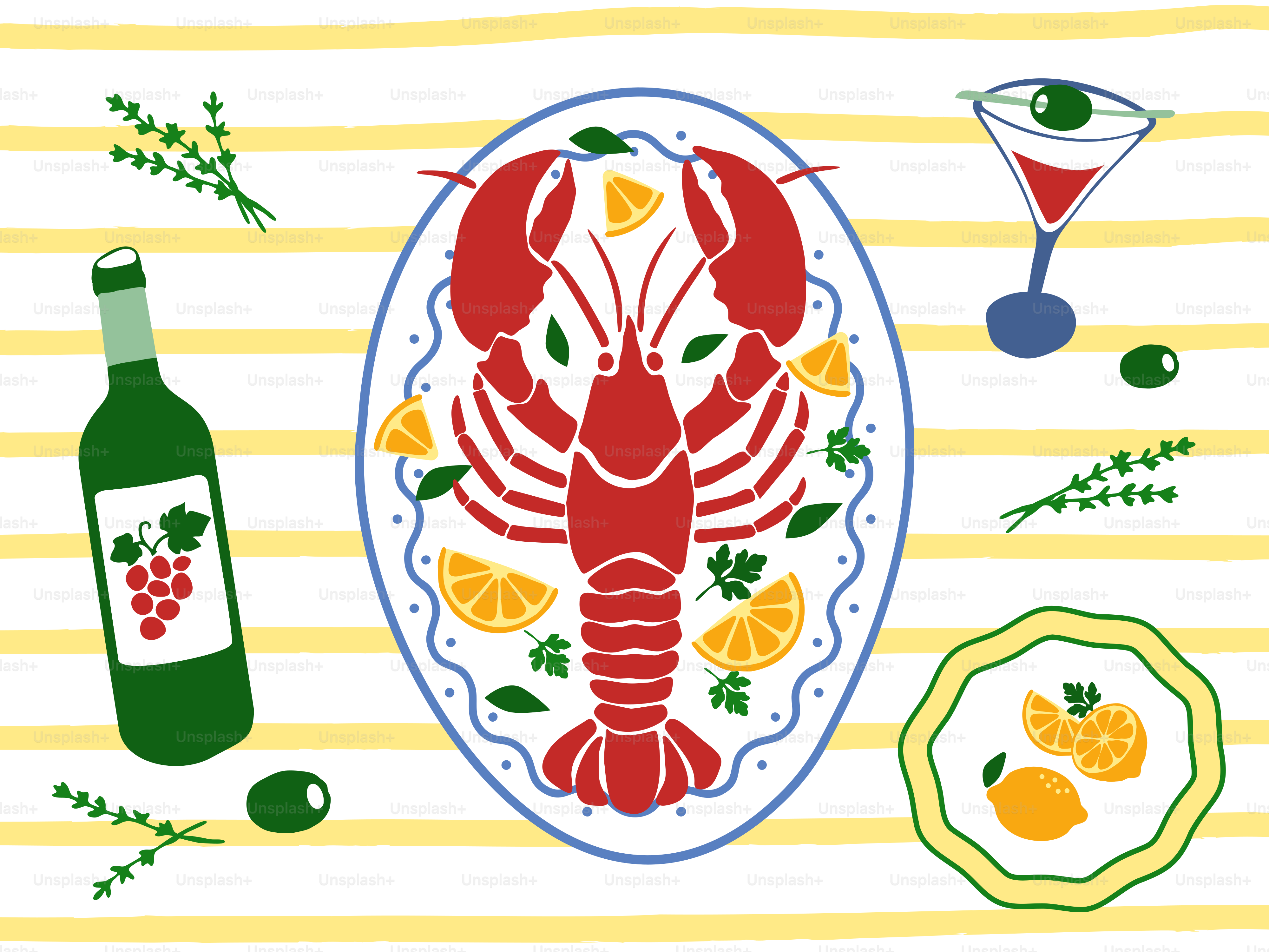 A festive seafood platter with lobster, citrus, and wine.