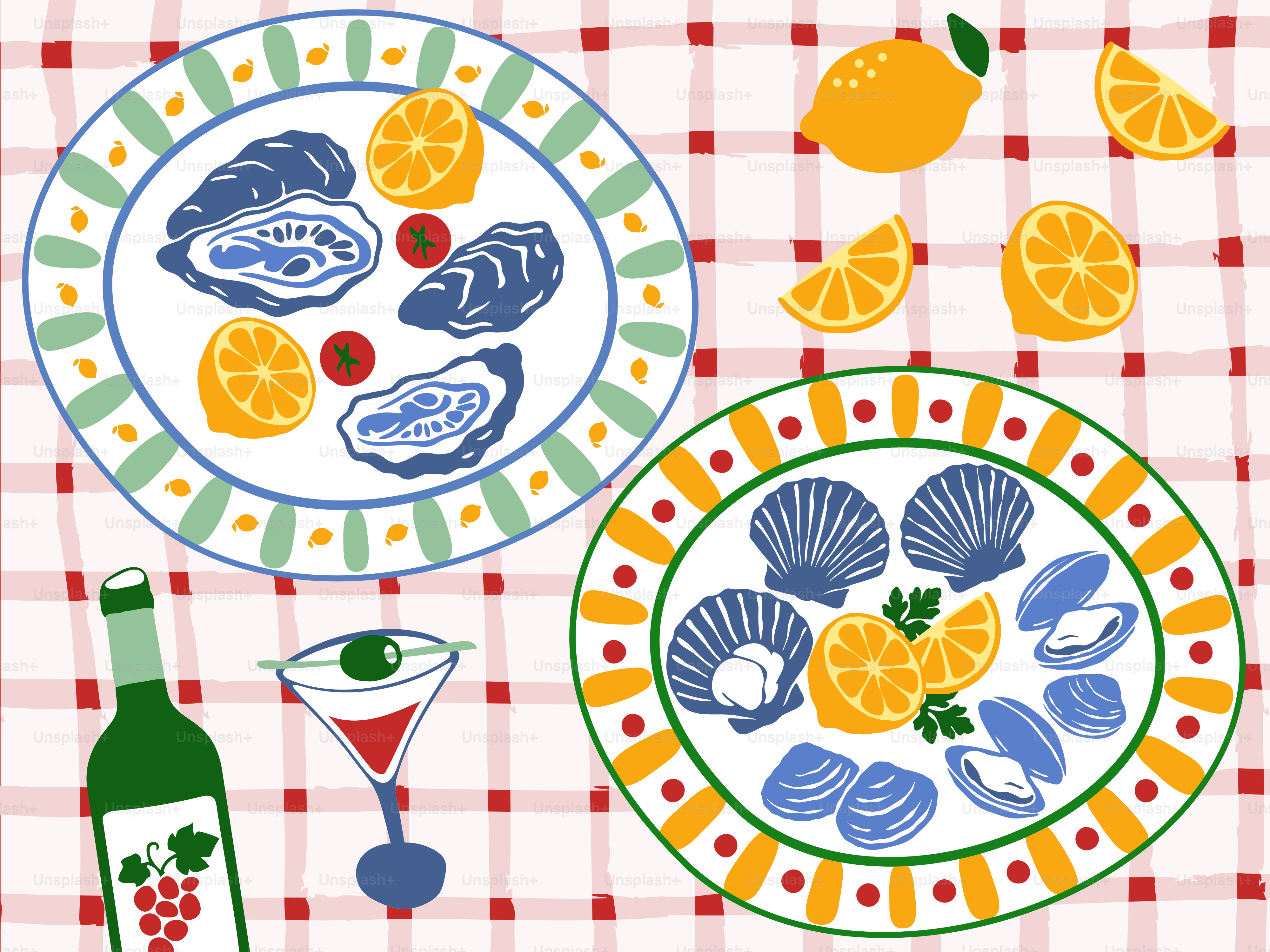 Oysters, scallops, lemons, and wine on checkered tablecloth.